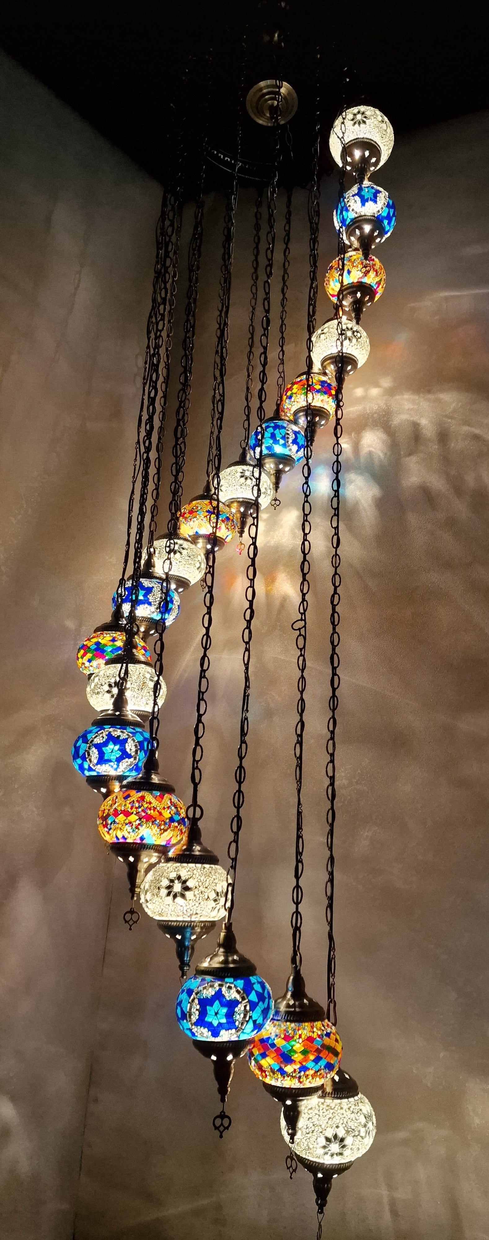 Luxury Turkish Mosaic Multi Drop Pendant Ceiling Light Coloured Glass Chandelier