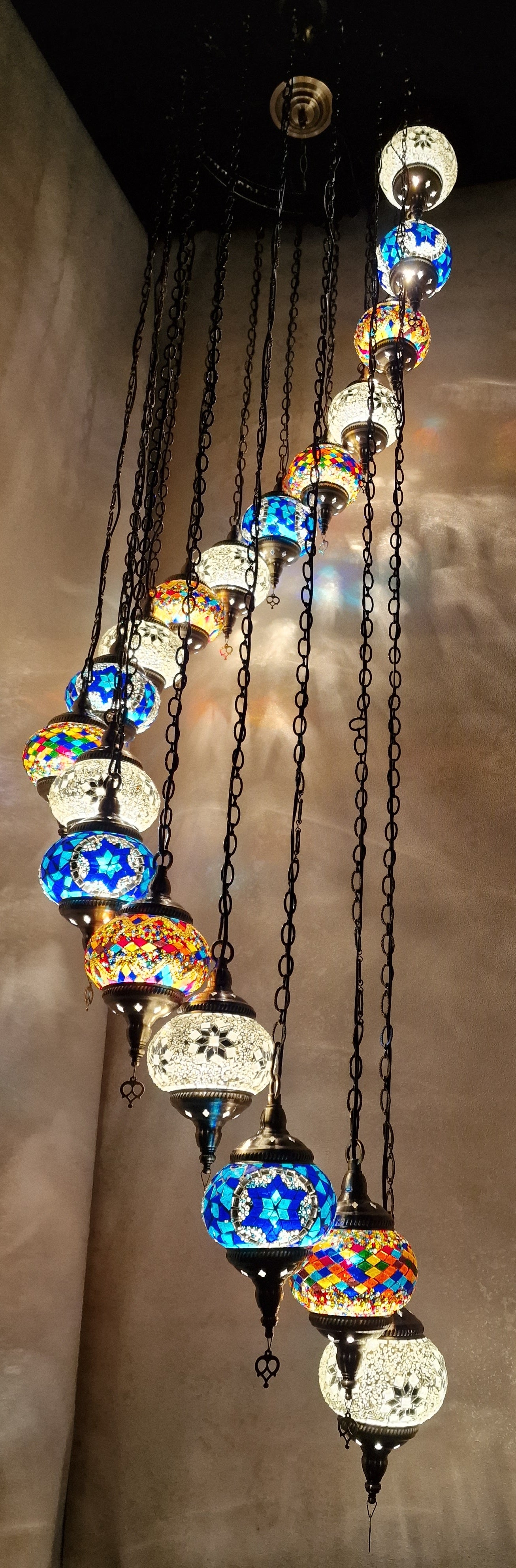 Luxury Turkish Mosaic Multi Drop Pendant Ceiling Light Coloured Glass Chandelier