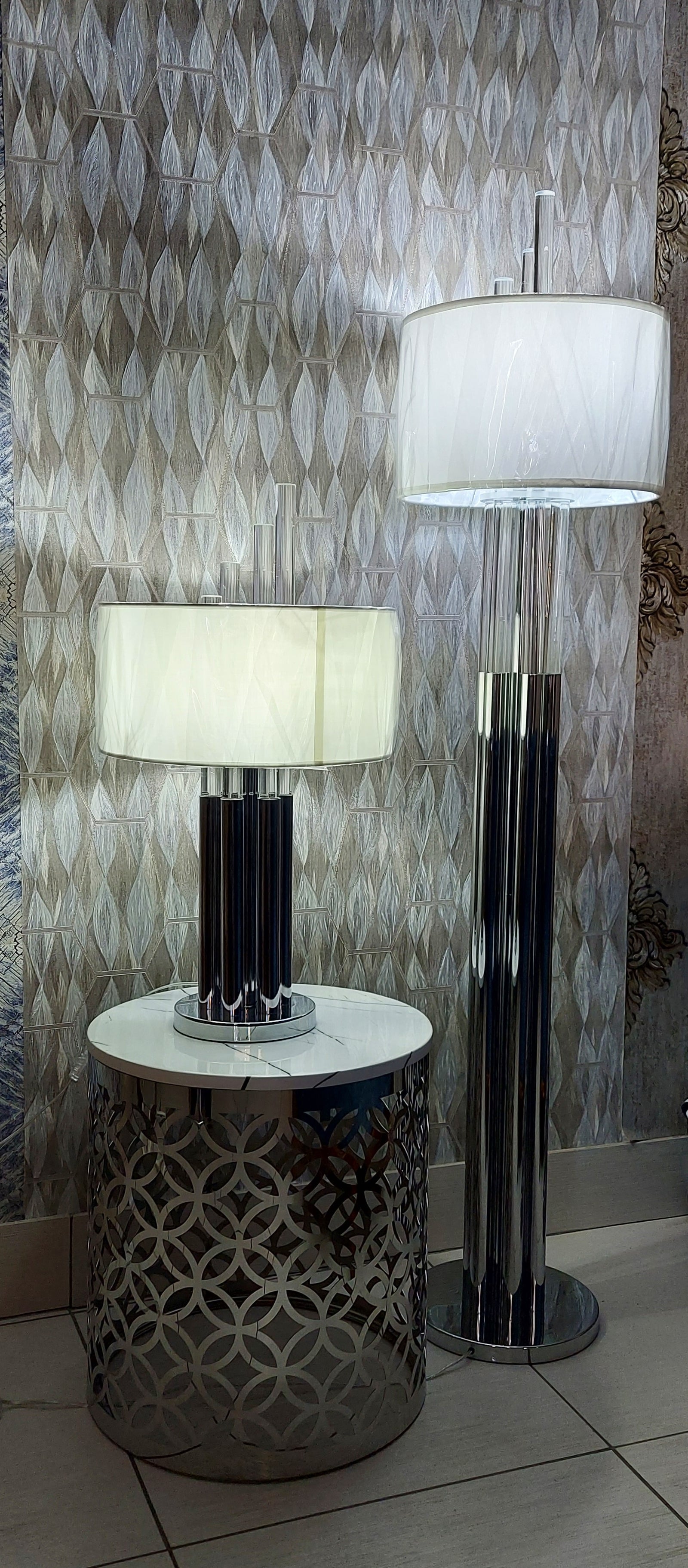 Modern Chrome Floor Lamp with White Fabric Drum Shade