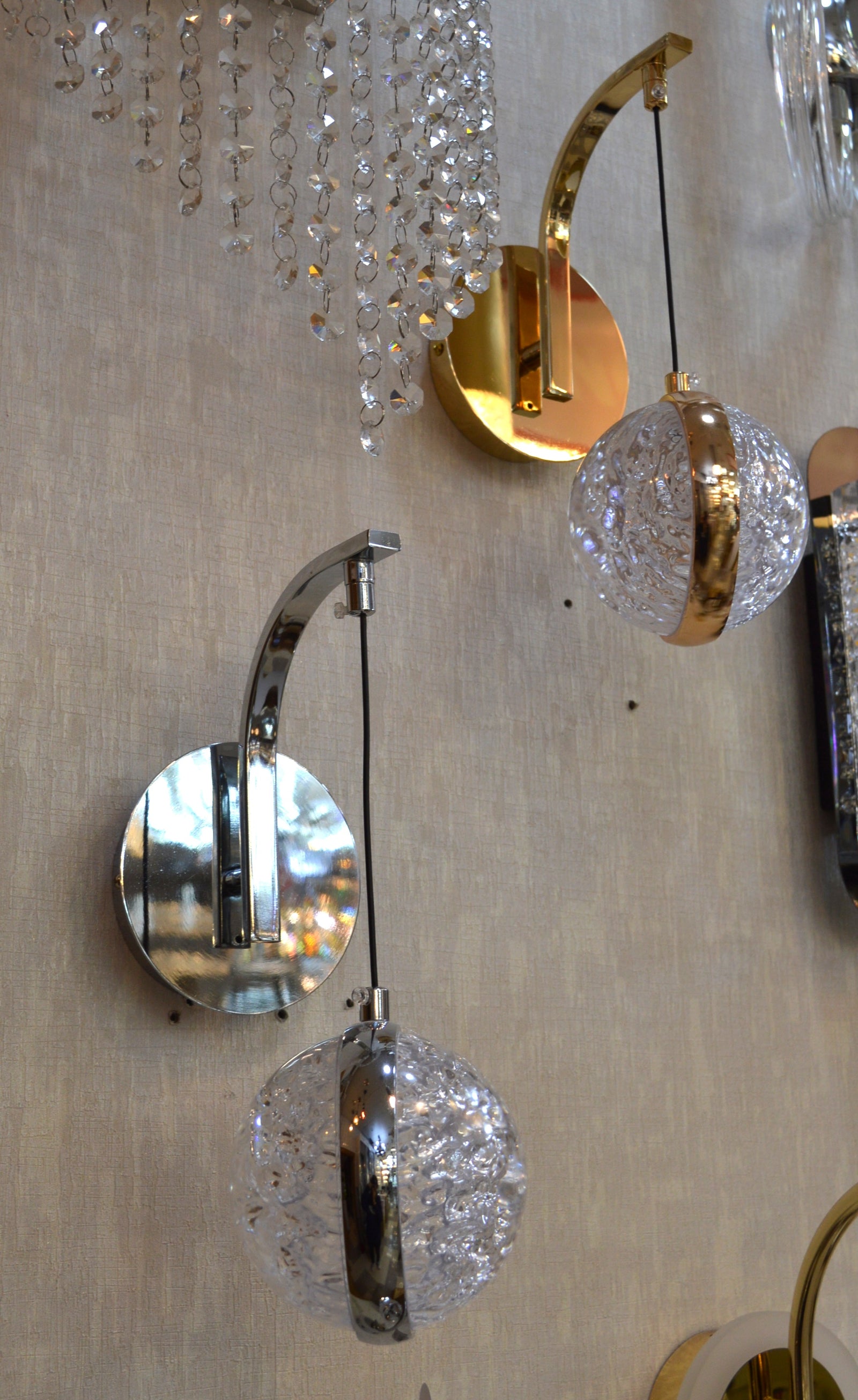 Wall Lights with Hanging Glass LED Shade – available in Gold & Chrome-2317
