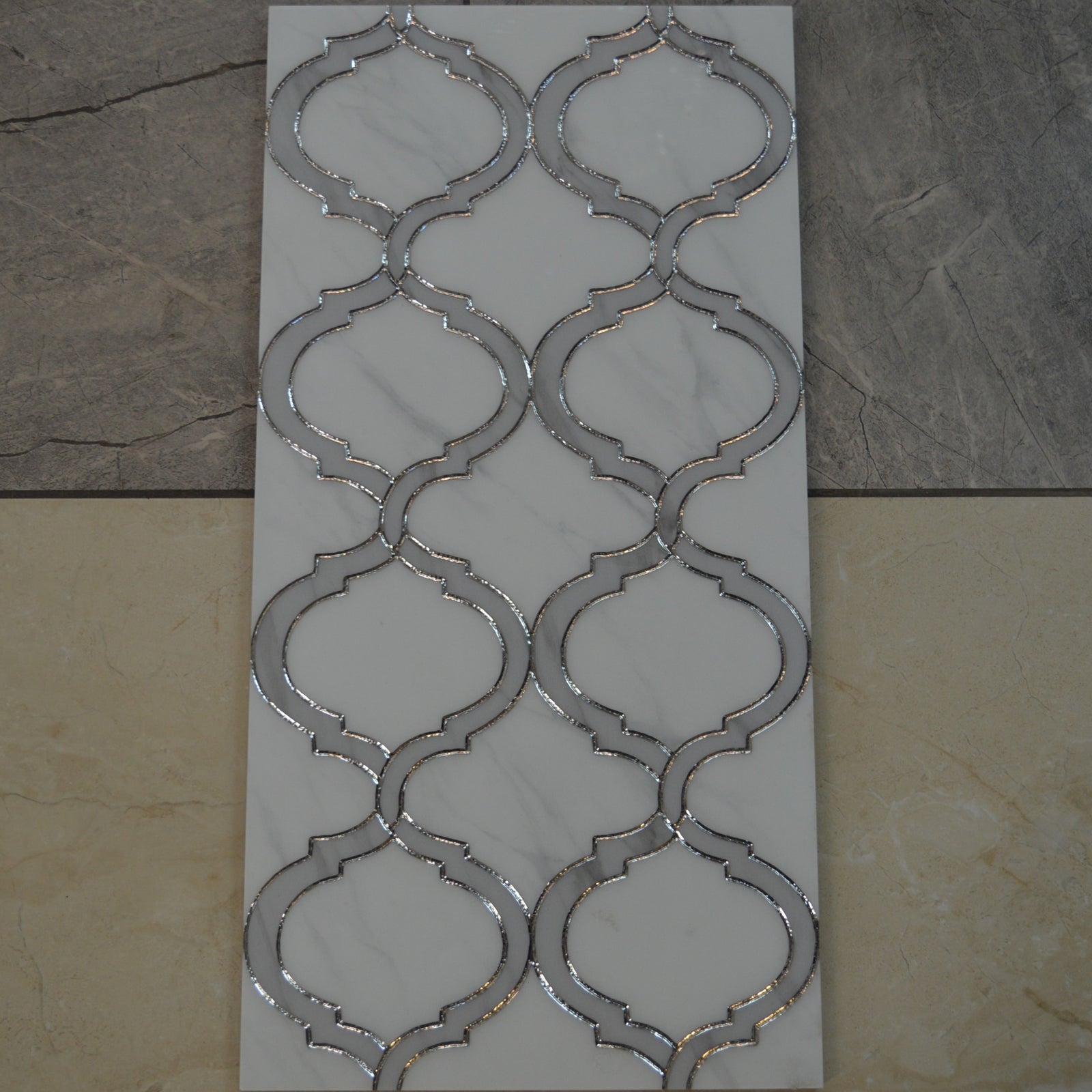 Porcleain Decor Tiles in large Greyscale with silver trim | 1 sheet 60 x 30 cm | 6 tiles 1 sqm-D-RTX-1