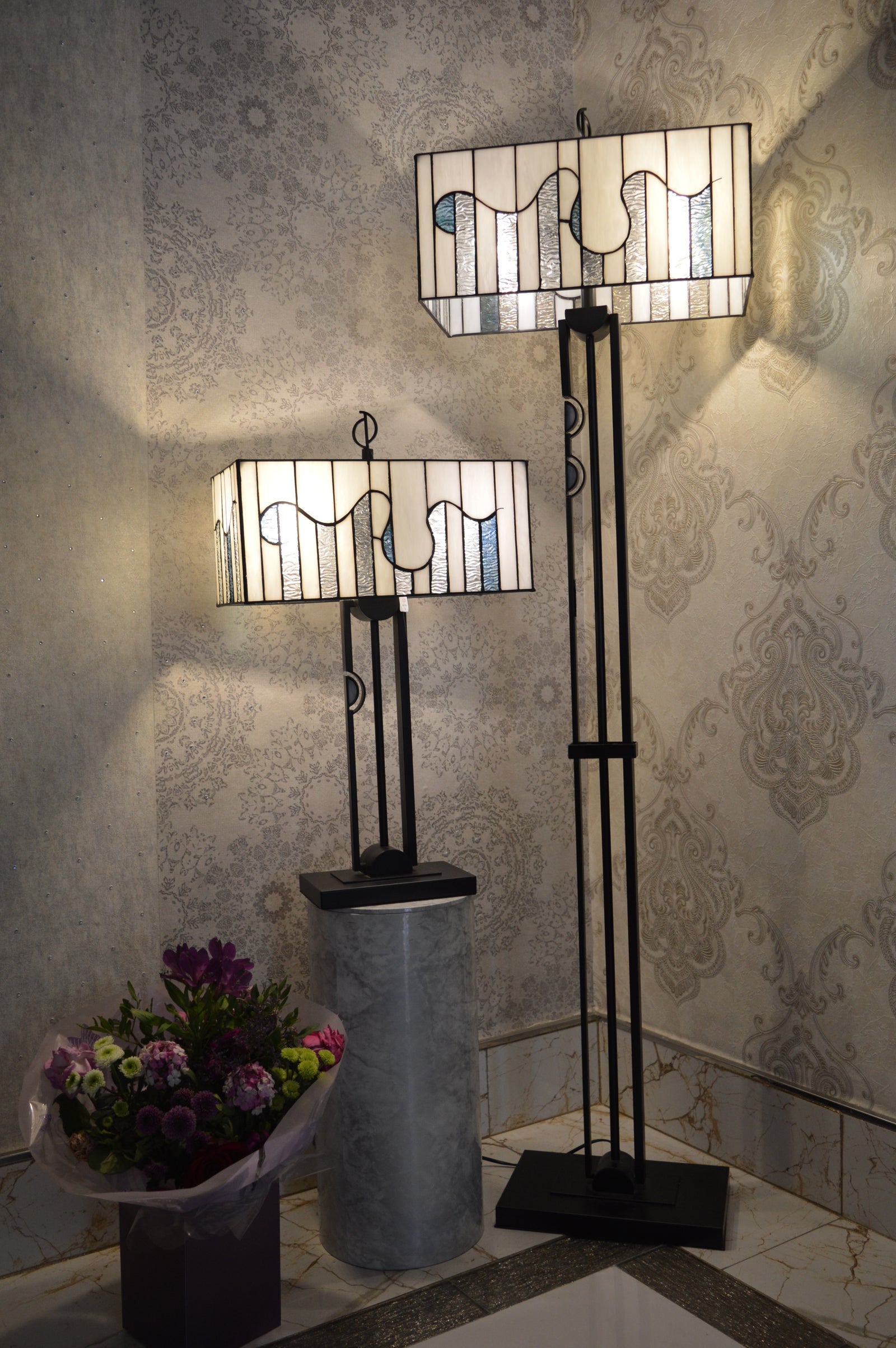 Handmade White and Blue Round Glass shade Tiffany Table Lamp & Floor Lamp