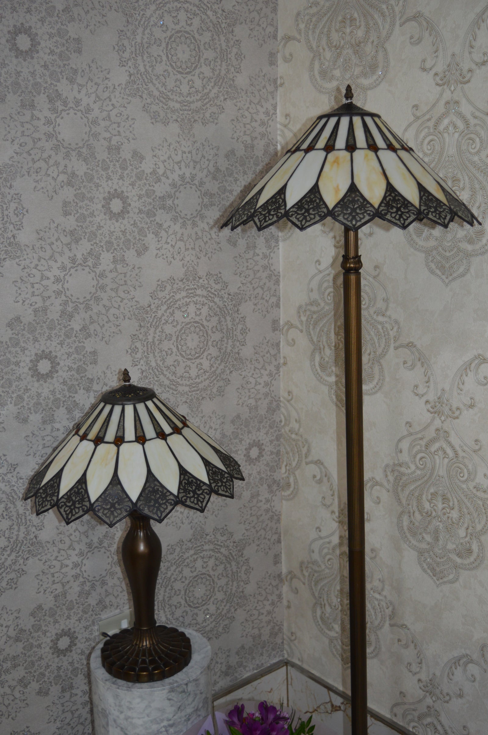 Handmade Brown & White shade Tiffany Table Lamp & Floor Lamp