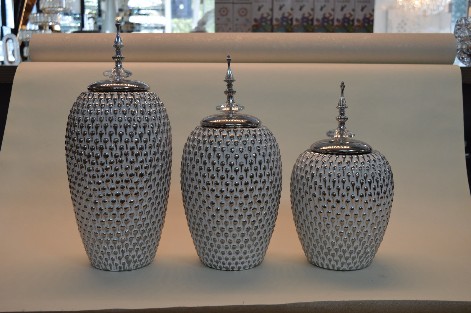 Ceramic Set of 3pcs Ginger/Candy Jars in Silver & Gold Colors