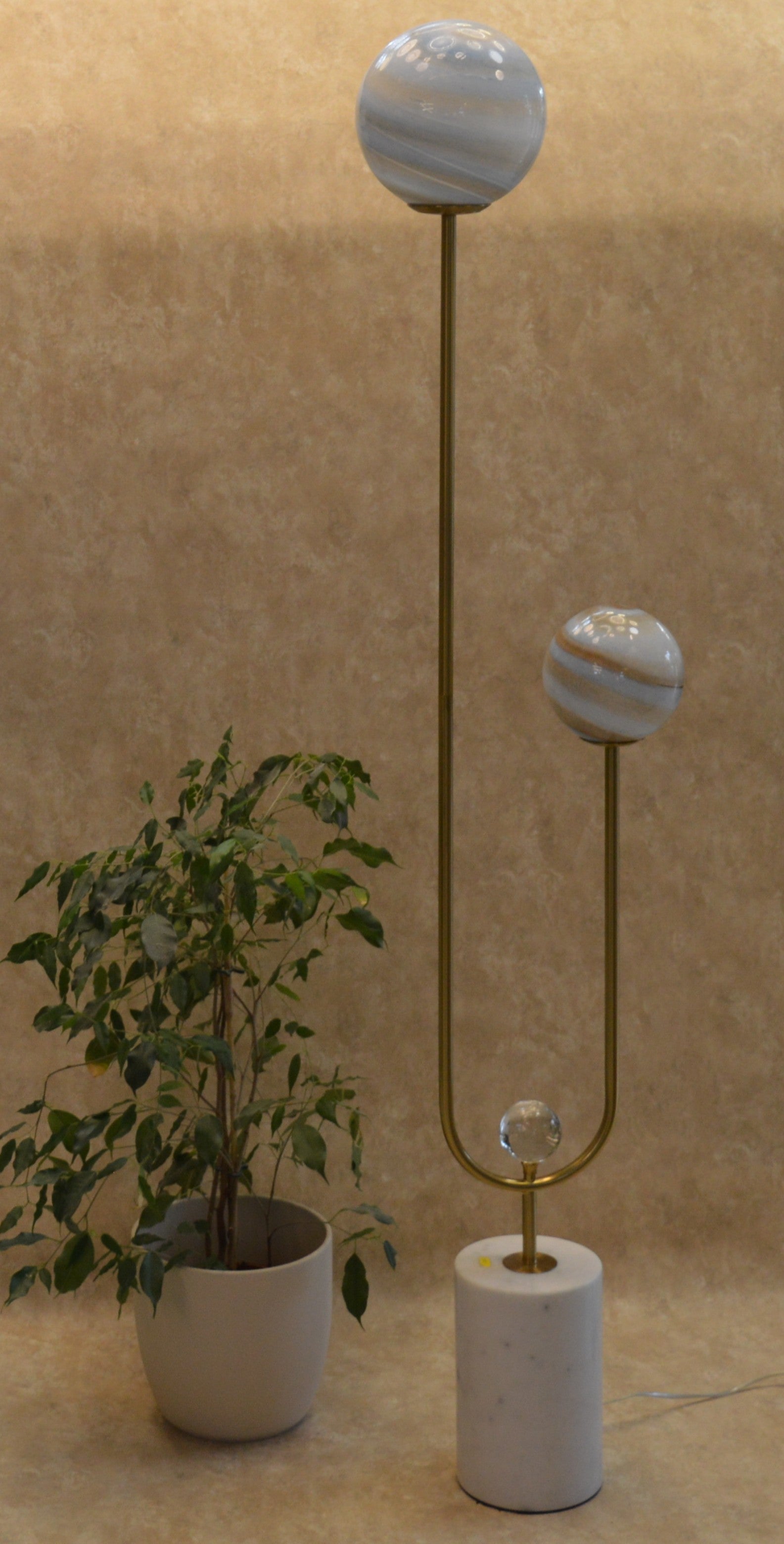 High End Modern Brass Floor Lamp with Marble Base & Dual Glass Globe Lights