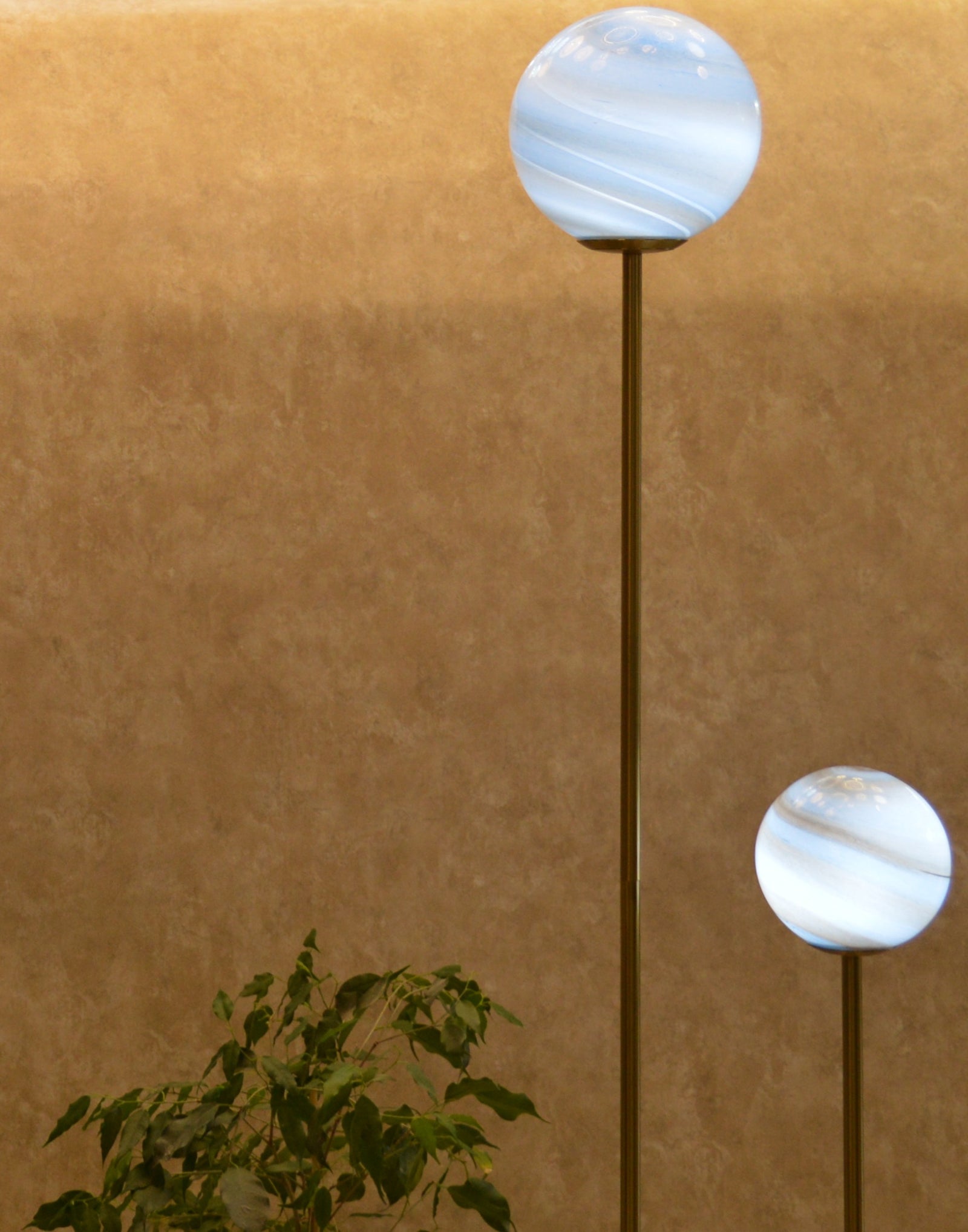 High End Modern Brass Floor Lamp with Marble Base & Dual Glass Globe Lights