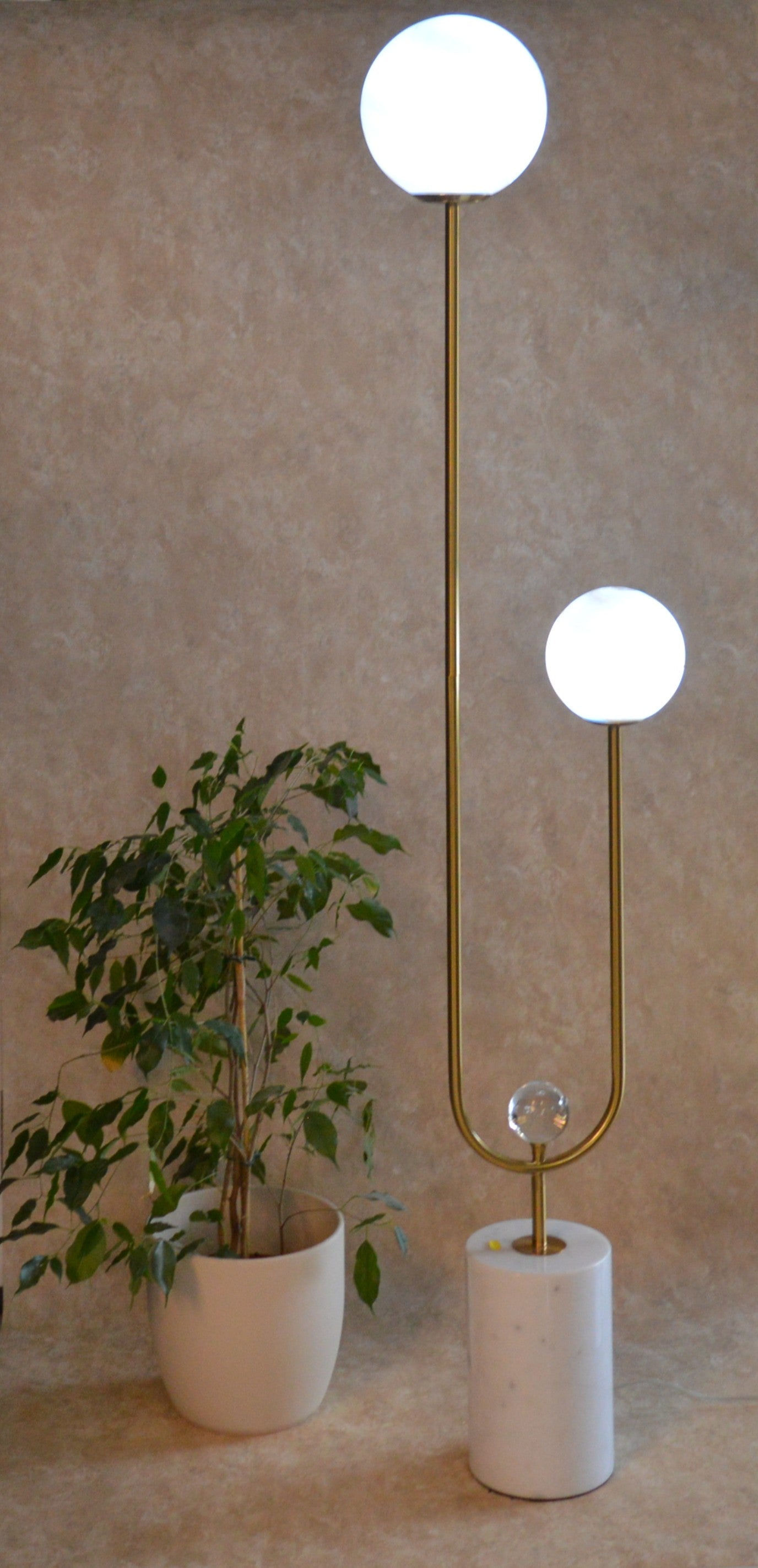 High End Modern Brass Floor Lamp with Marble Base & Dual Glass Globe Lights