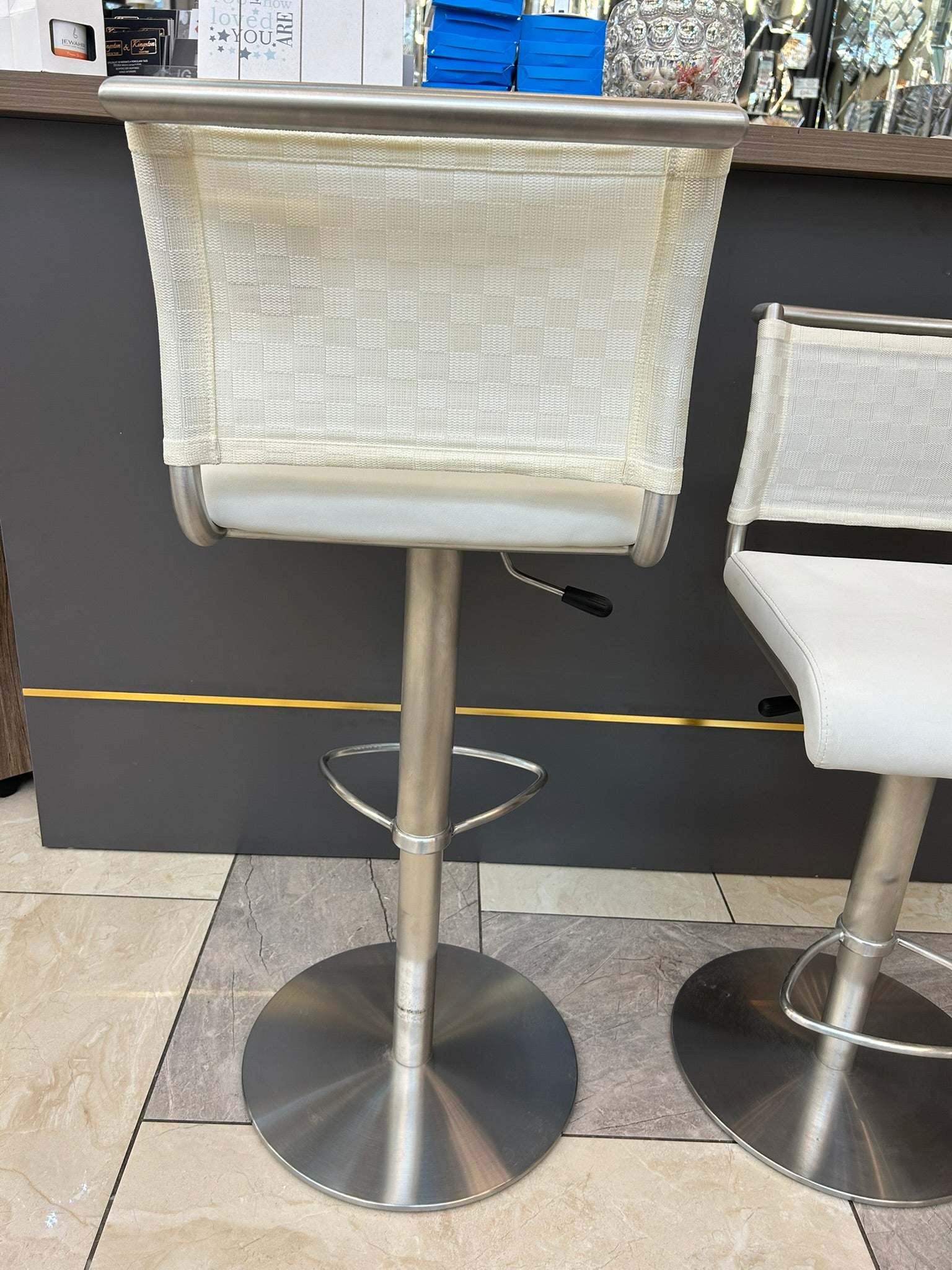 Modern Adjustable Bar Stool with Stainless Steel Base & Fabric Backrest