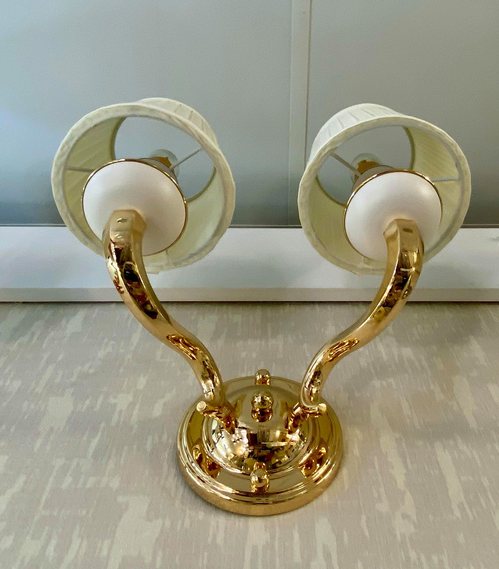 Elegant Dual-Arm Chrome Wall Light with Fabric Shades