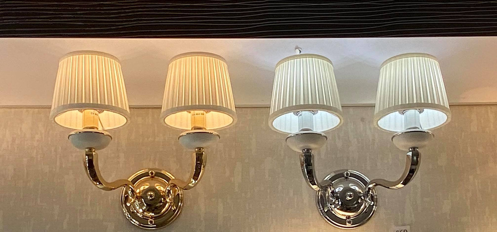 Elegant Dual-Arm Chrome Wall Light with Fabric Shades
