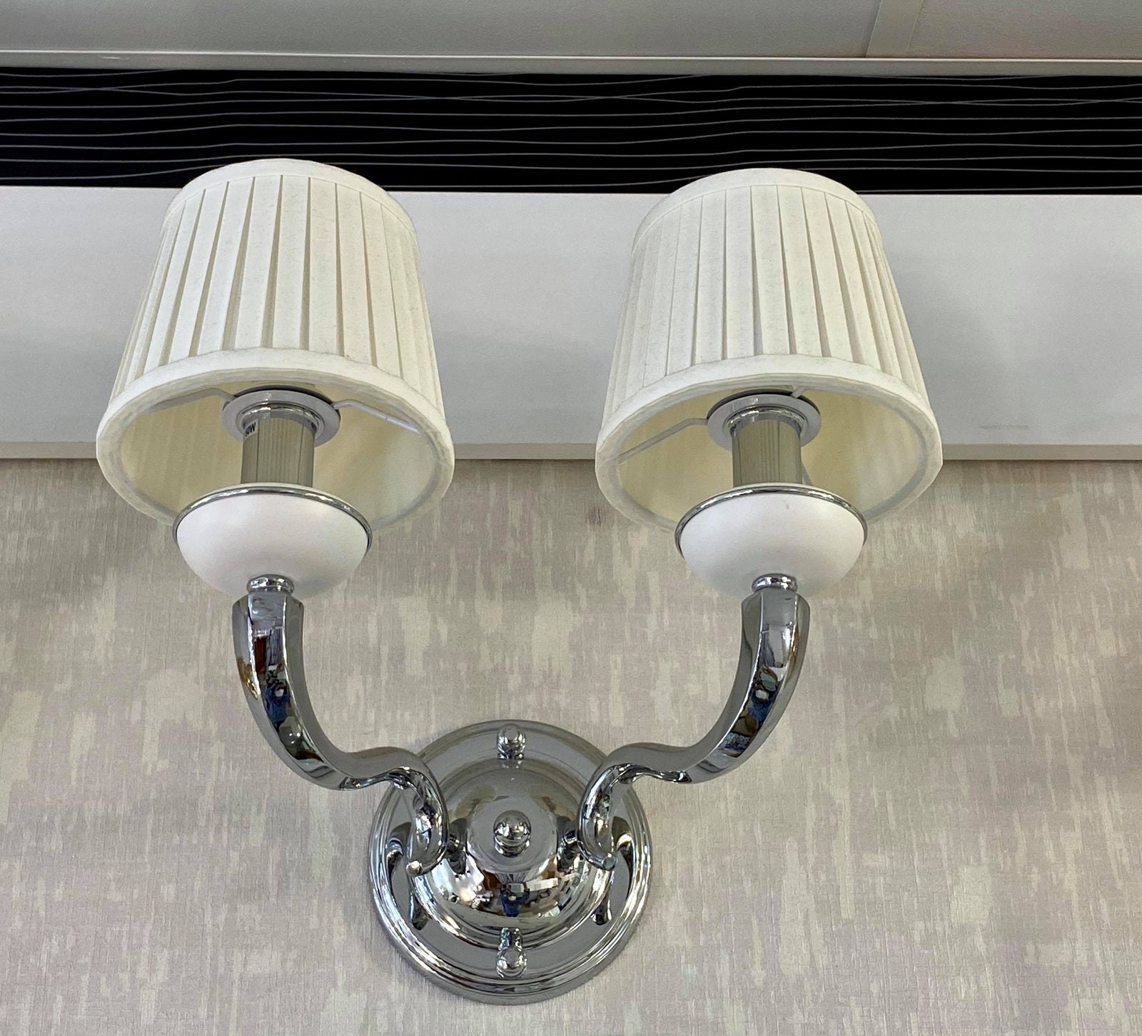 Elegant Dual-Arm Chrome Wall Light with Fabric Shades