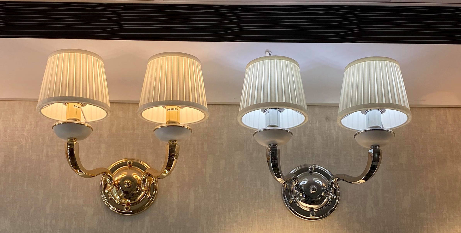 Elegant Dual-Arm Chrome Wall Light with Fabric Shades