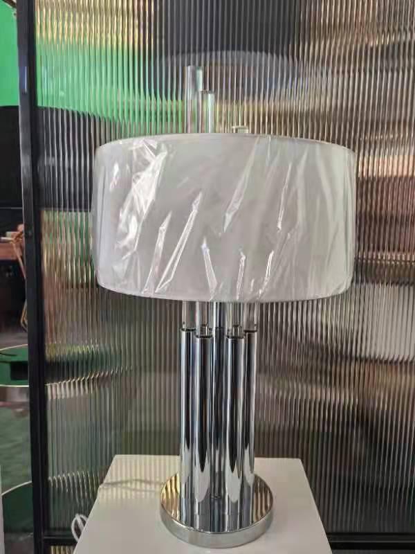 Modern Chrome Table Lamp with White Fabric Drum Shade