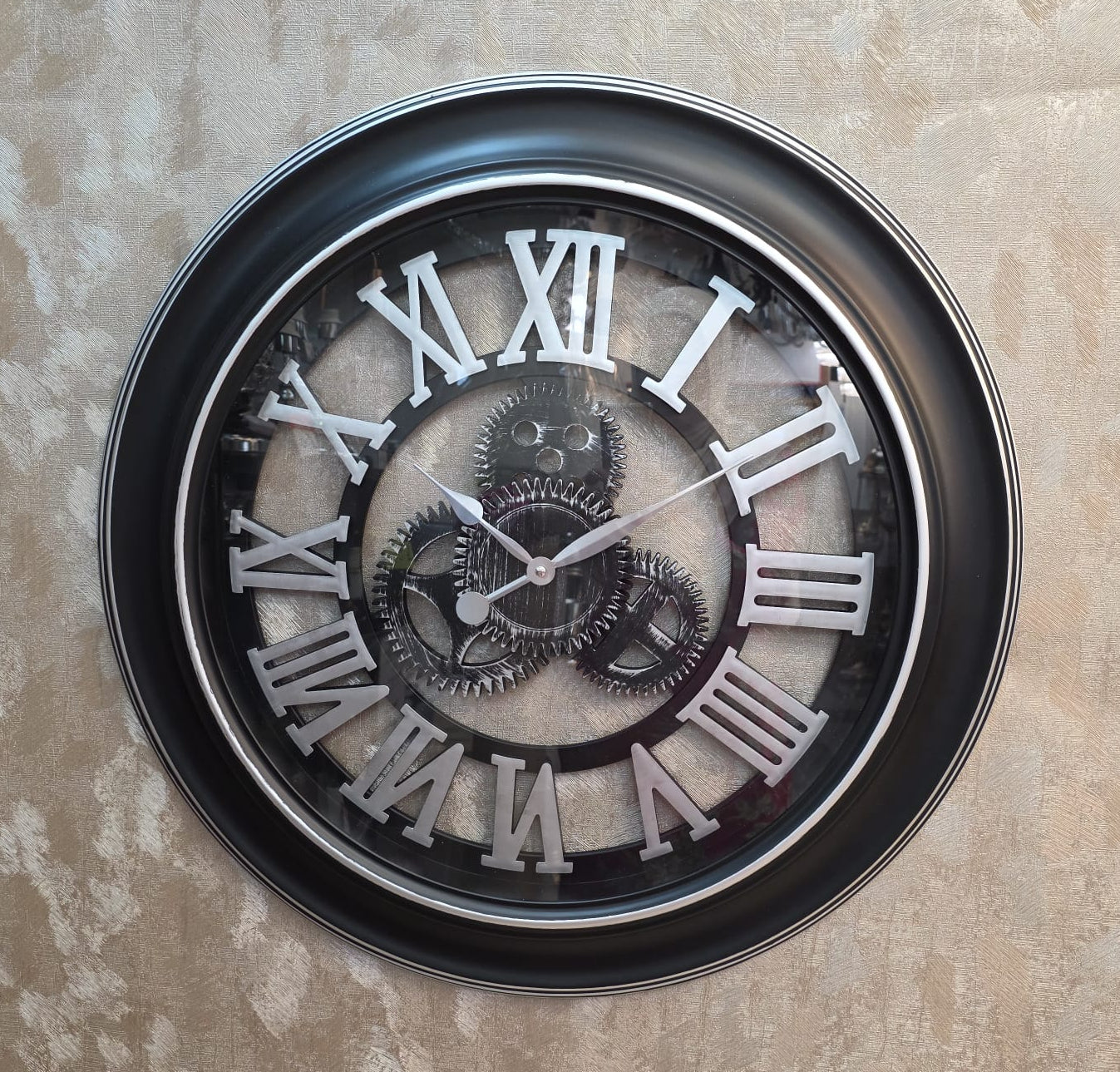 Industrial Skeleton Gear Wall Clock With Silver or Antique Gold Roman Numerals