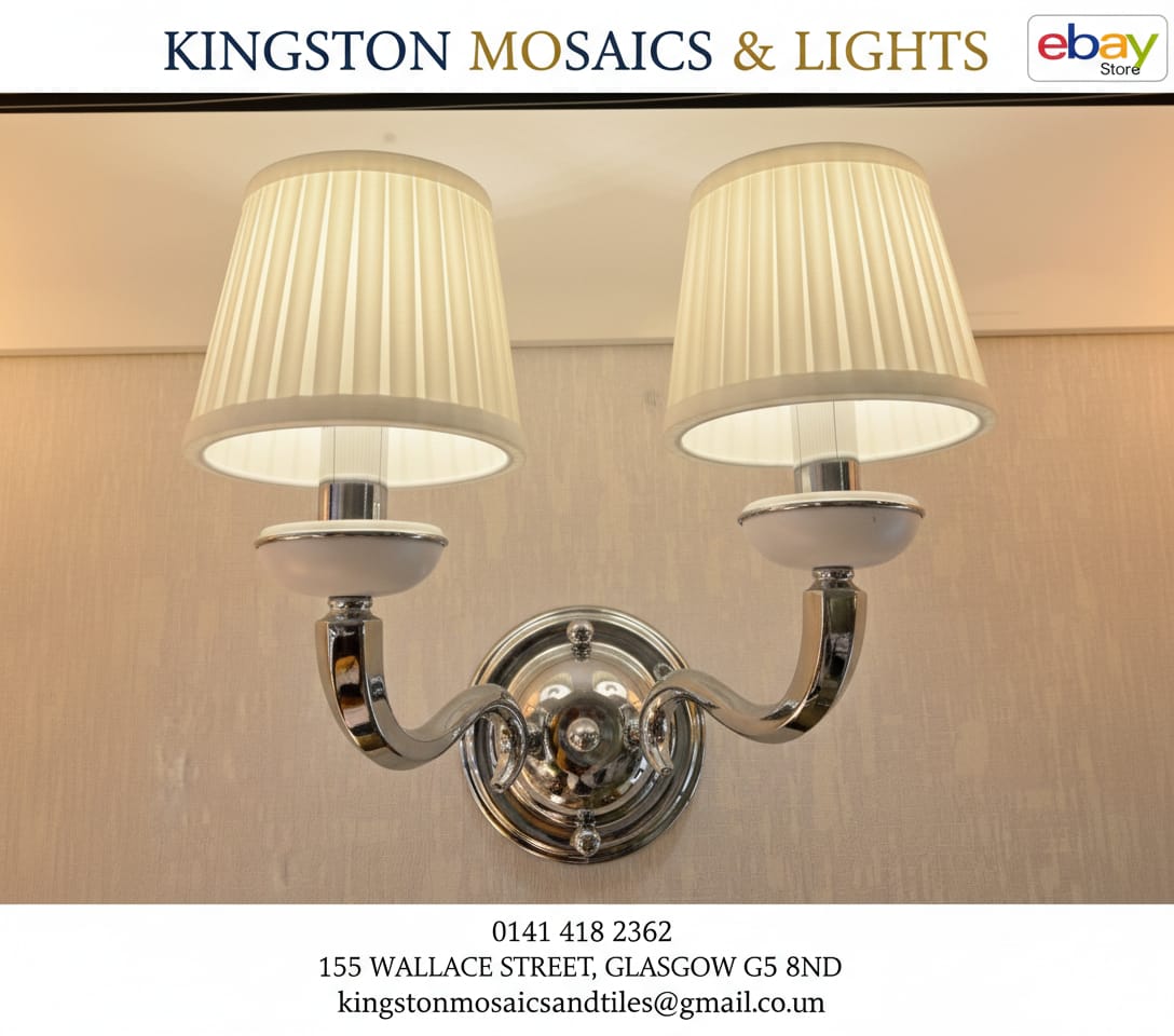 Elegant Dual-Arm Chrome Wall Light with Fabric Shades