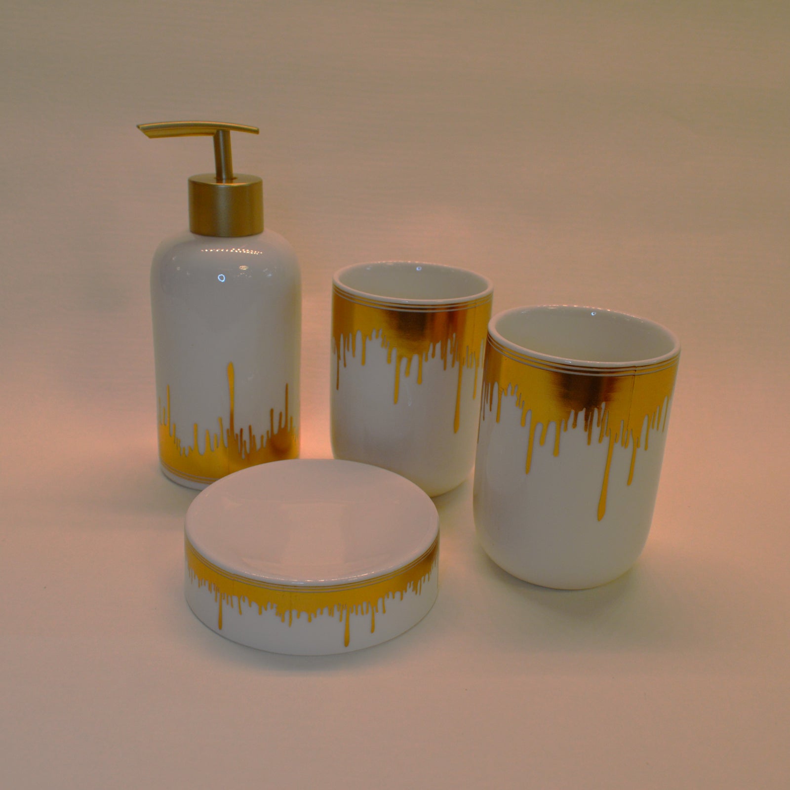 Bathroom Accessories Set, 4 Piece Ceramic & Resin Bath Accessory Set Includes 2Pcs Toothbrush Holder/Tumbler, Liquid Soap or Lotion Dispenser & Soap Dish Bathroom Storage