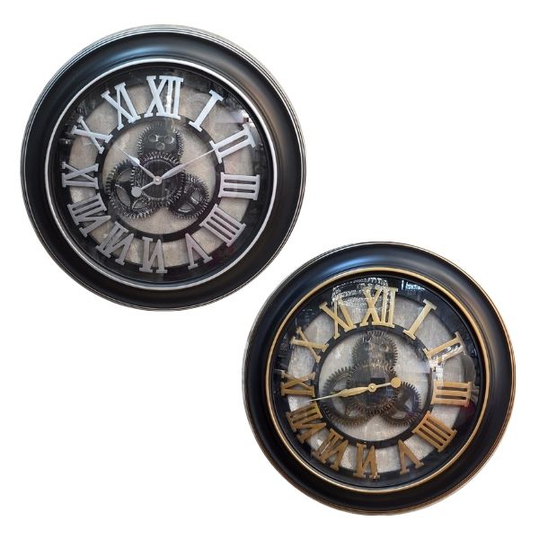 Industrial Skeleton Gear Wall Clock With Silver or Antique Gold Roman Numerals