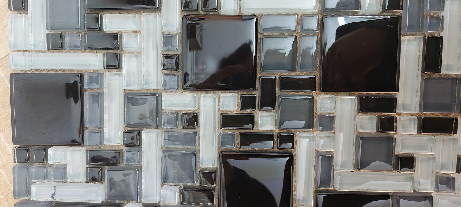 Black, Grey & Light Olive Green Geometric Glass Mosaic Tile-300*300*8mm-11sheets-1m2-Code: 8WYG-06_1