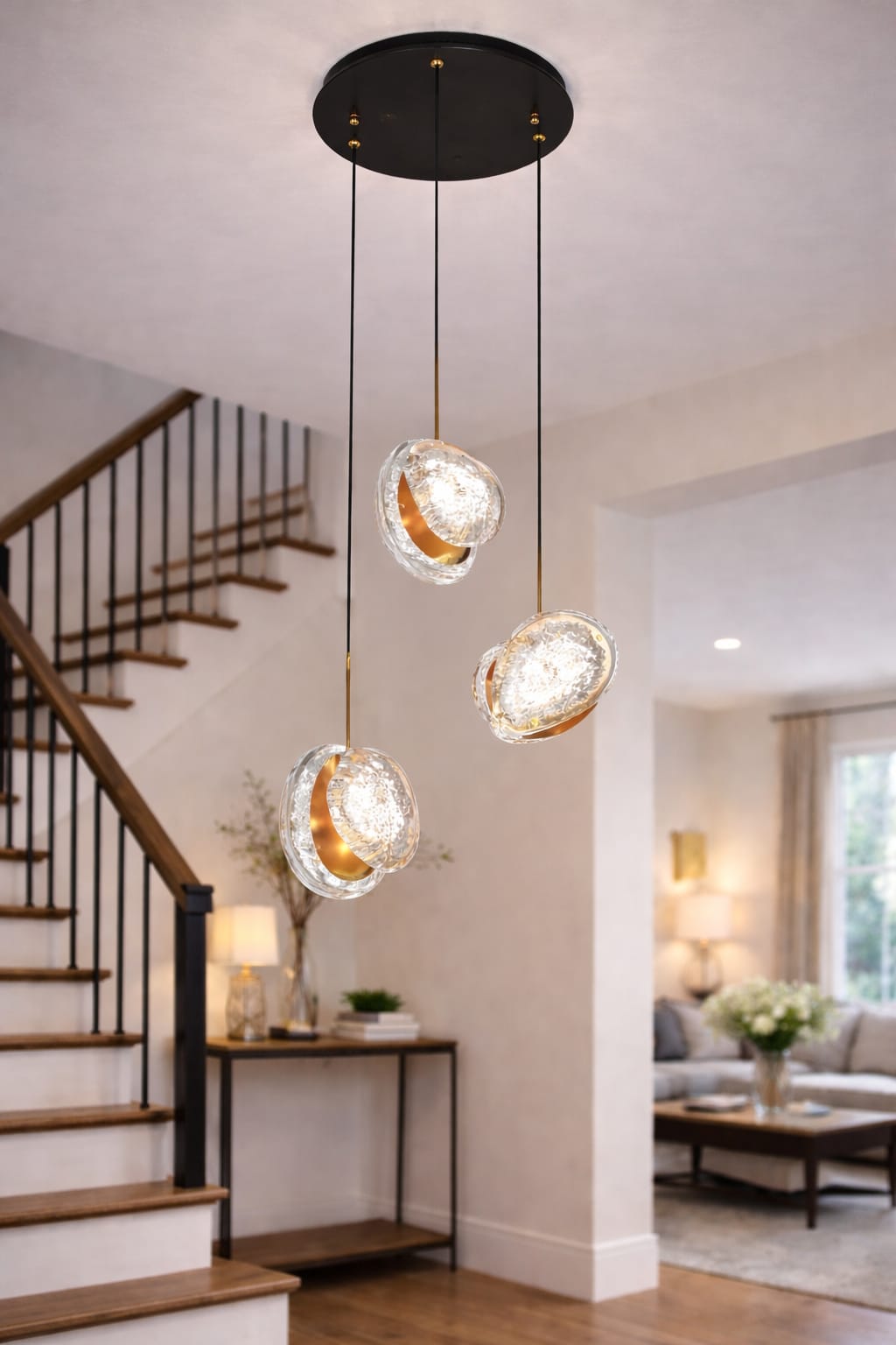 Luxury 3-Drop Crystal LED Pendant Chandelier Black & Gold Modern Ceiling Light