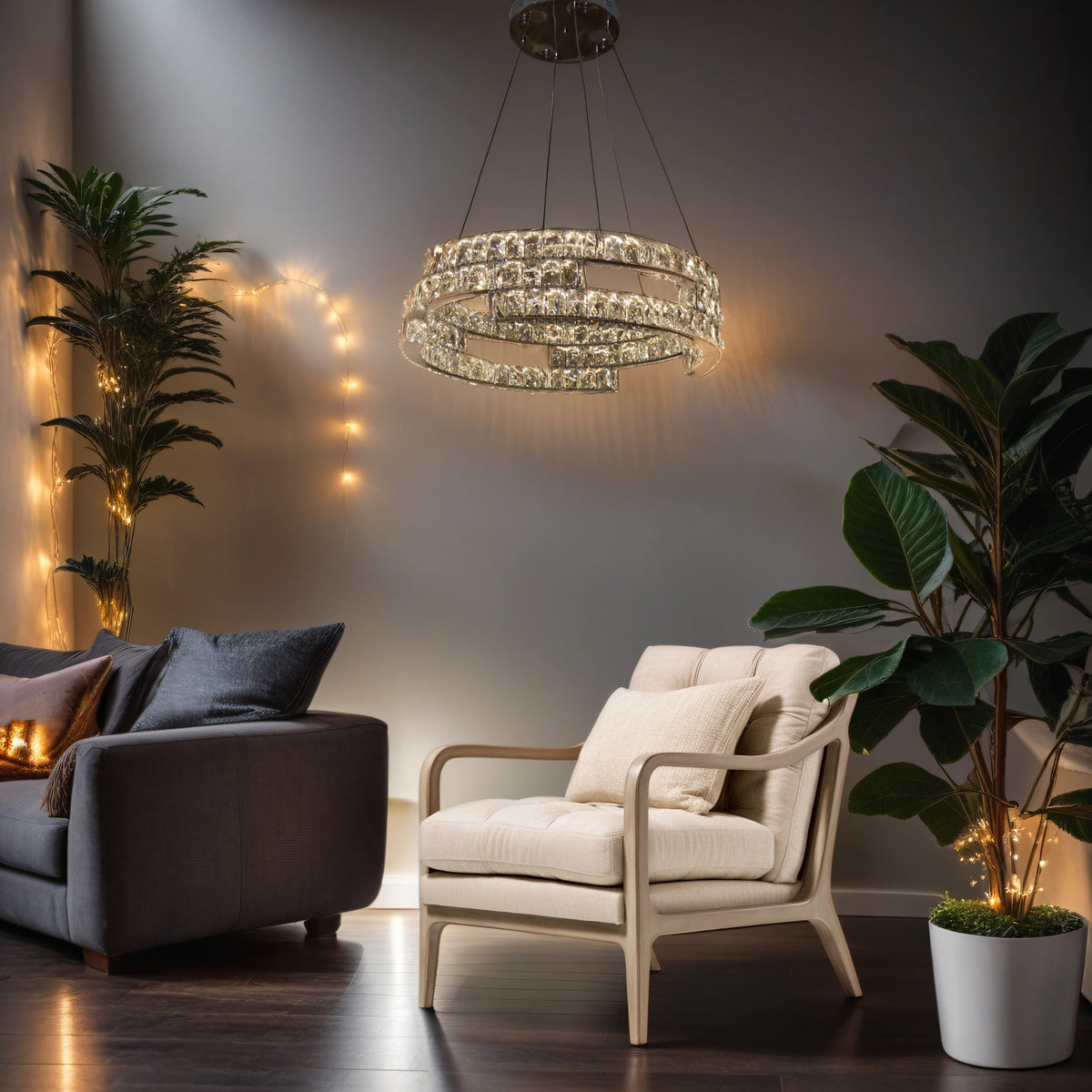 Round Crystallic Pendant Ceiling Light-Colour Changing Dimmable with Remote Control-2007-3-65*65*20cm-Chrome