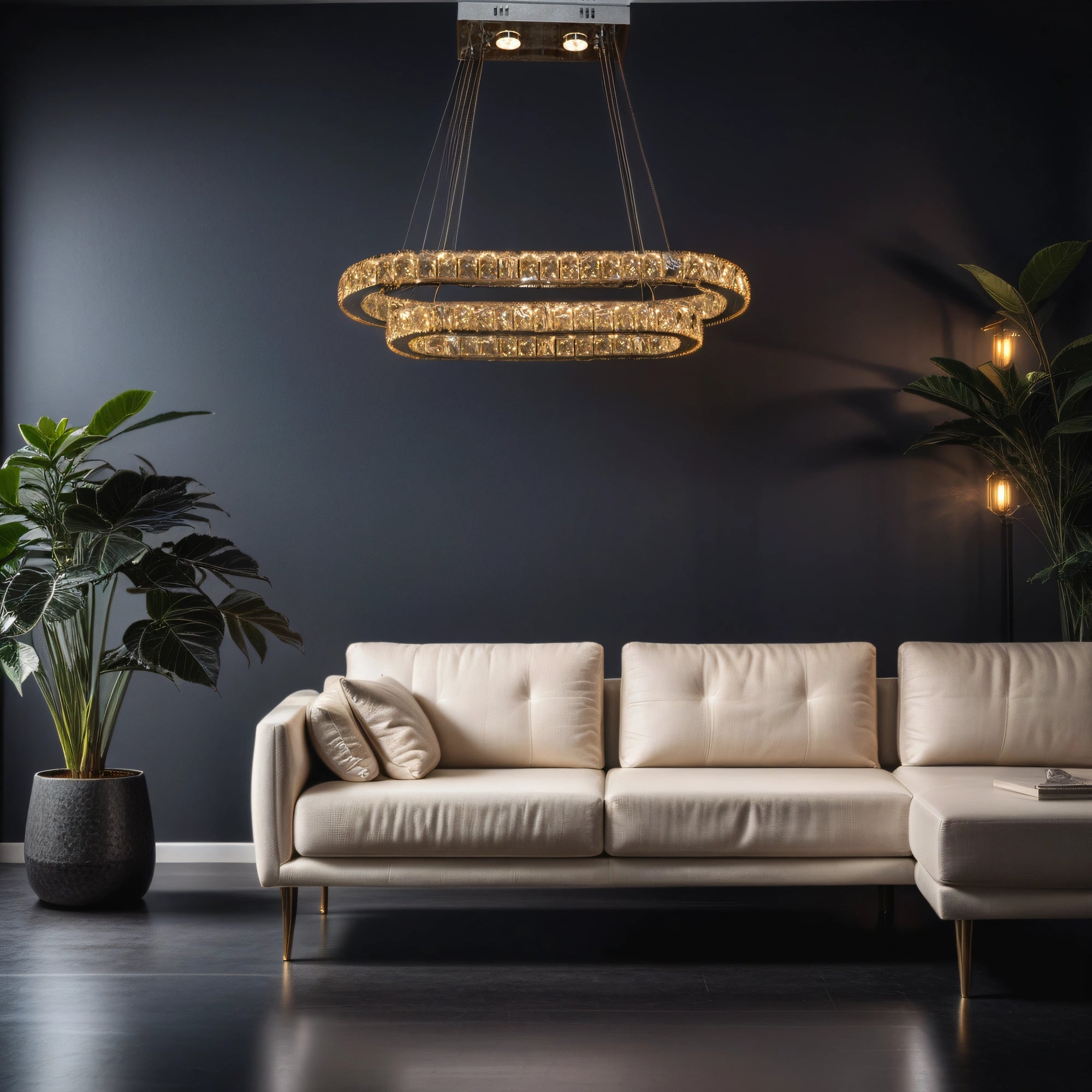 Oval LED 2 Crystal Pendant Ceiling Light-Colour Changing Dimmable with Remote Control-9011-700*500-77*39*15cm-Chrome