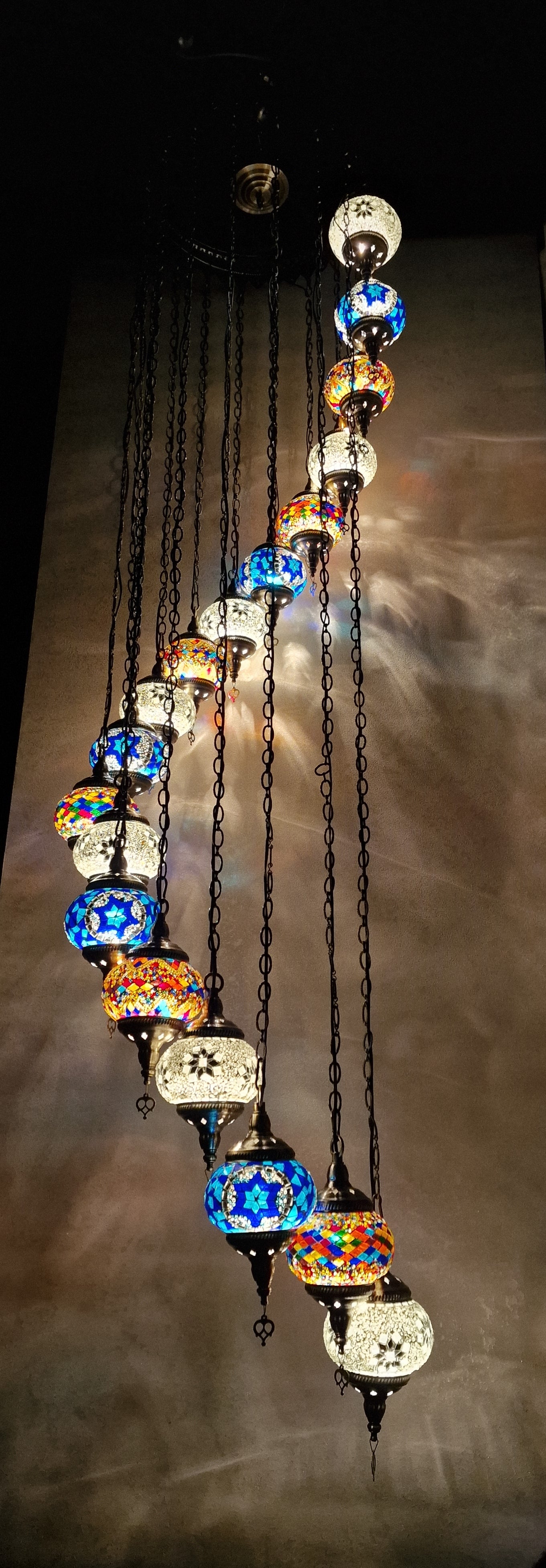 Luxury Turkish Mosaic Multi Drop Pendant Ceiling Light Coloured Glass Chandelier