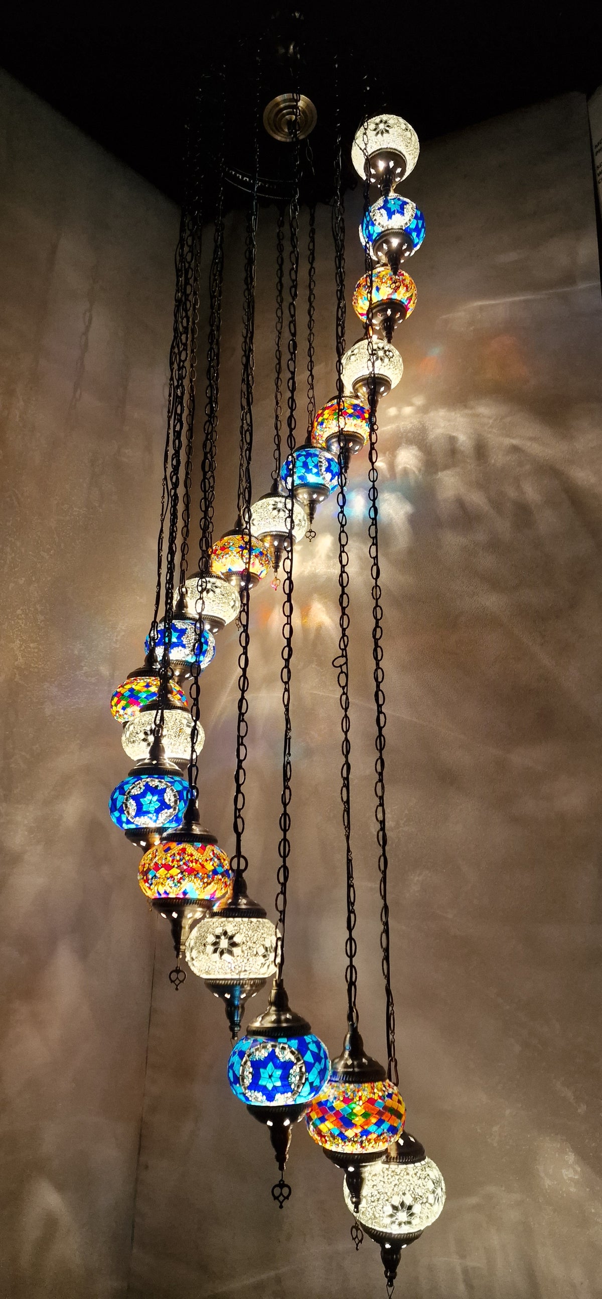 Luxury Turkish Mosaic Multi Drop Pendant Ceiling Light Coloured Glass Chandelier