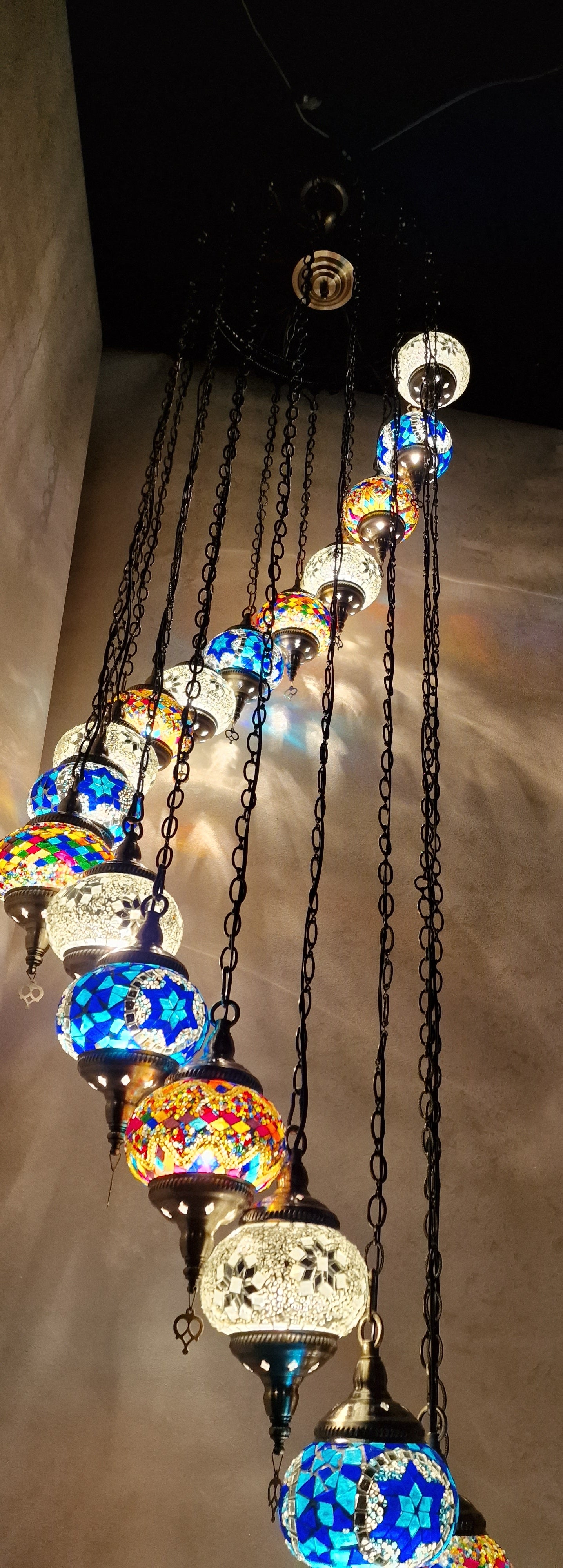 Luxury Turkish Mosaic Multi Drop Pendant Ceiling Light Coloured Glass Chandelier