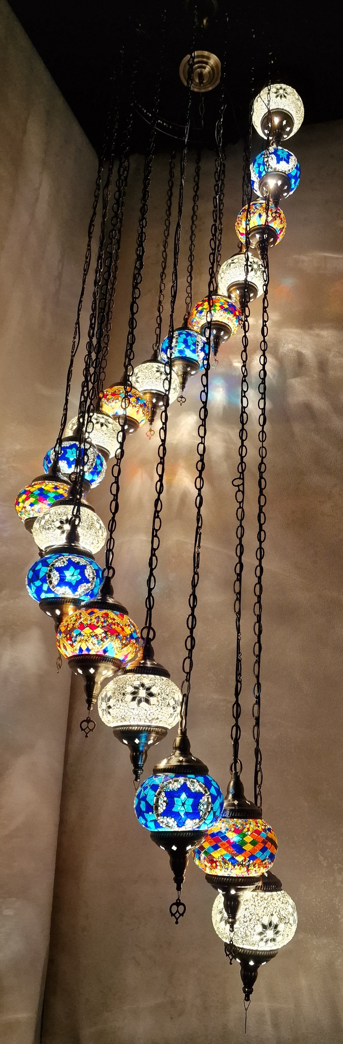 Luxury Turkish Mosaic Multi Drop Pendant Ceiling Light Coloured Glass Chandelier