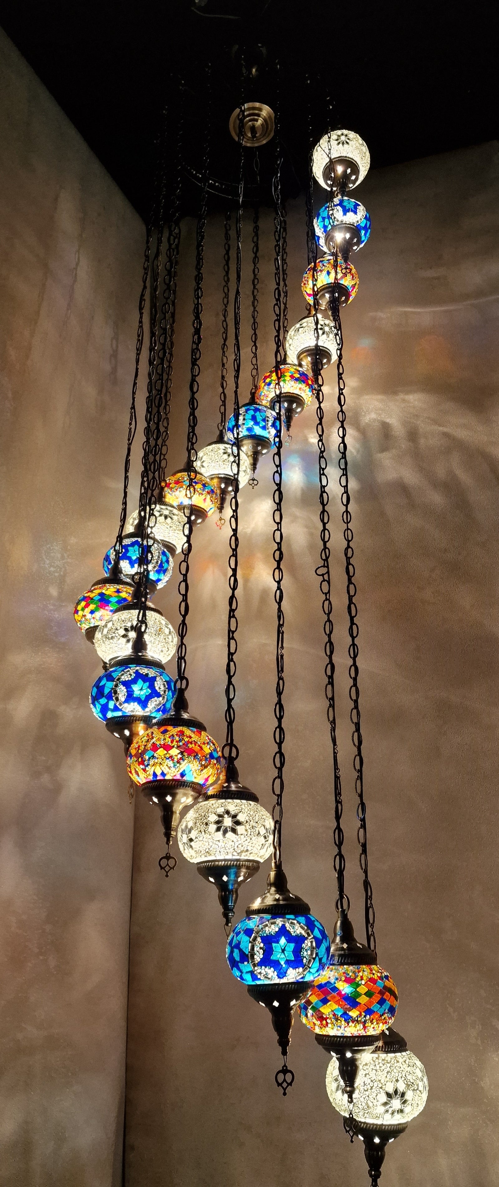 Luxury Turkish Mosaic Multi Drop Pendant Ceiling Light Coloured Glass Chandelier