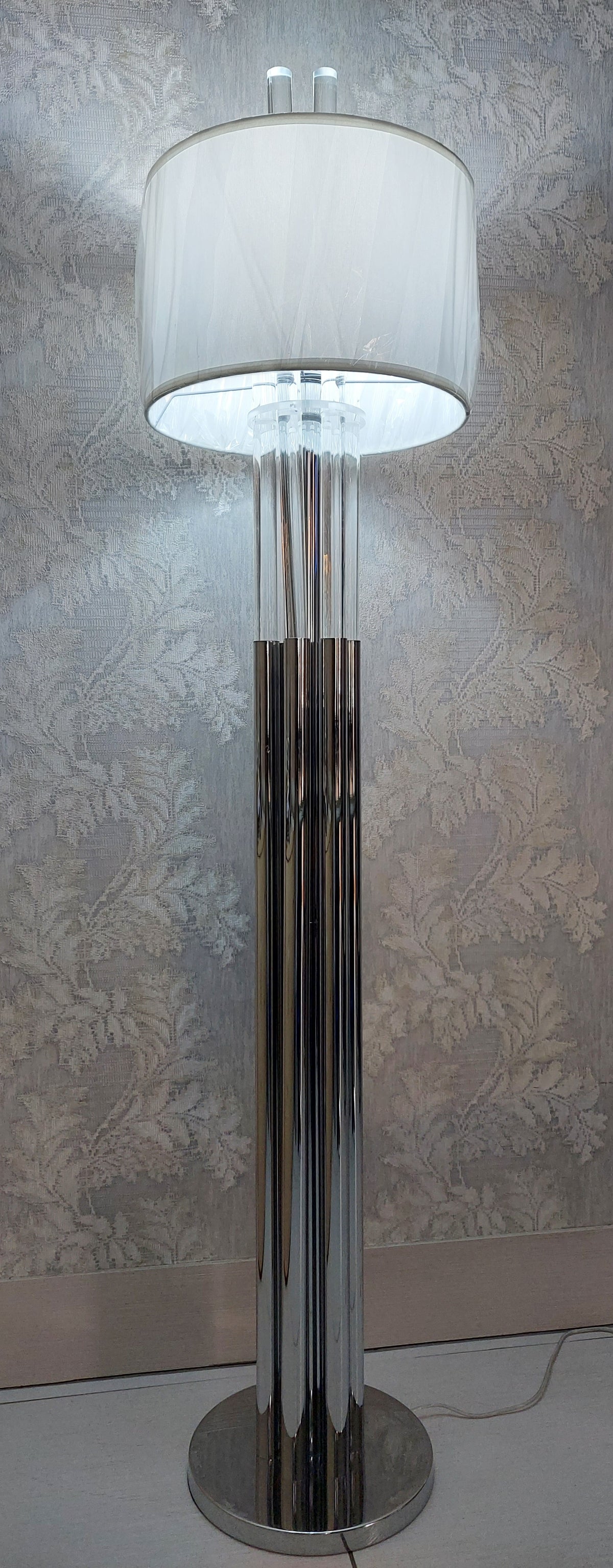 Modern Chrome Floor Lamp with White Fabric Drum Shade