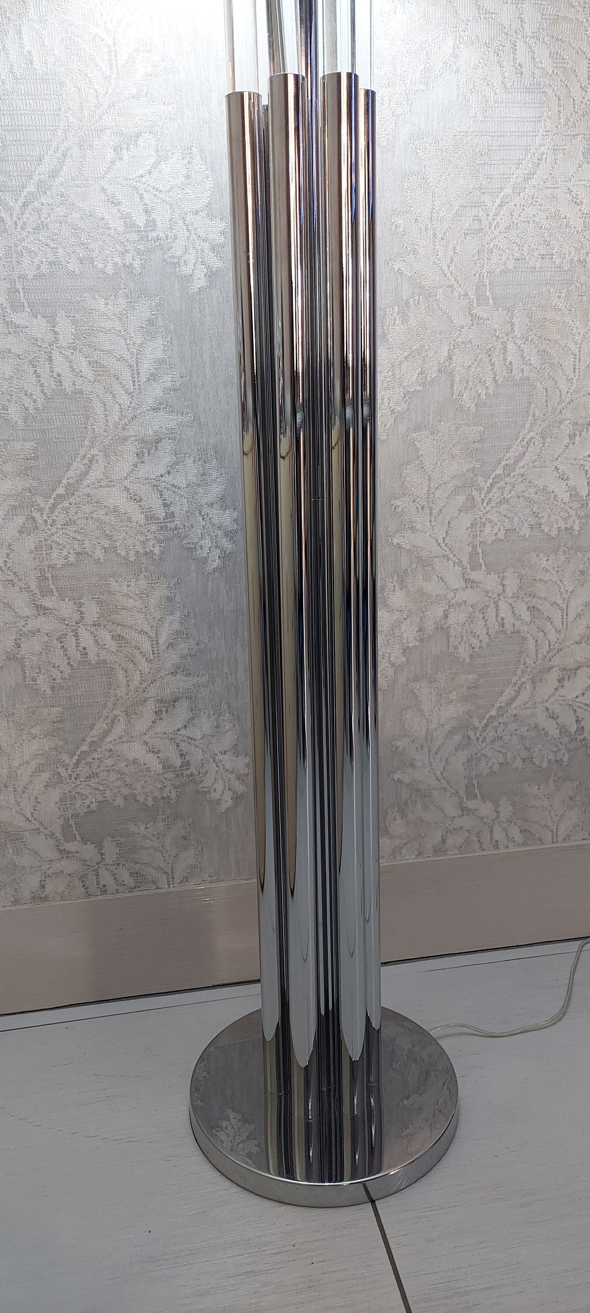 Modern Chrome Floor Lamp with White Fabric Drum Shade