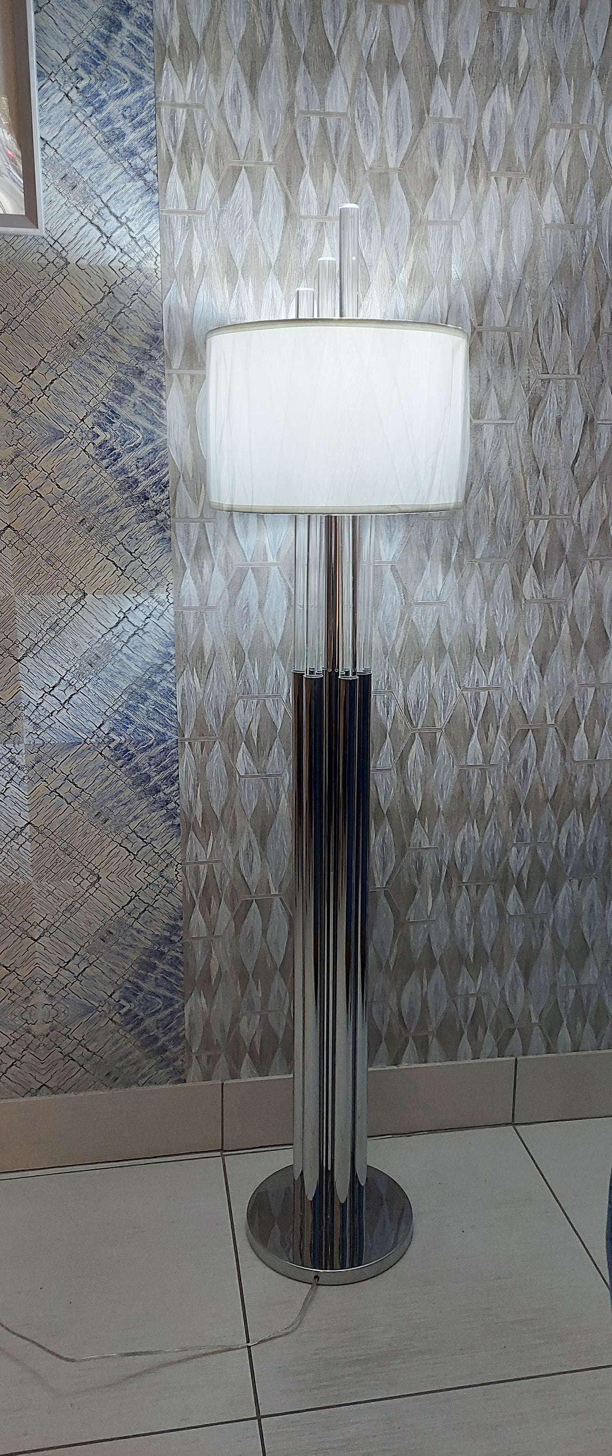 Modern Chrome Floor Lamp with White Fabric Drum Shade