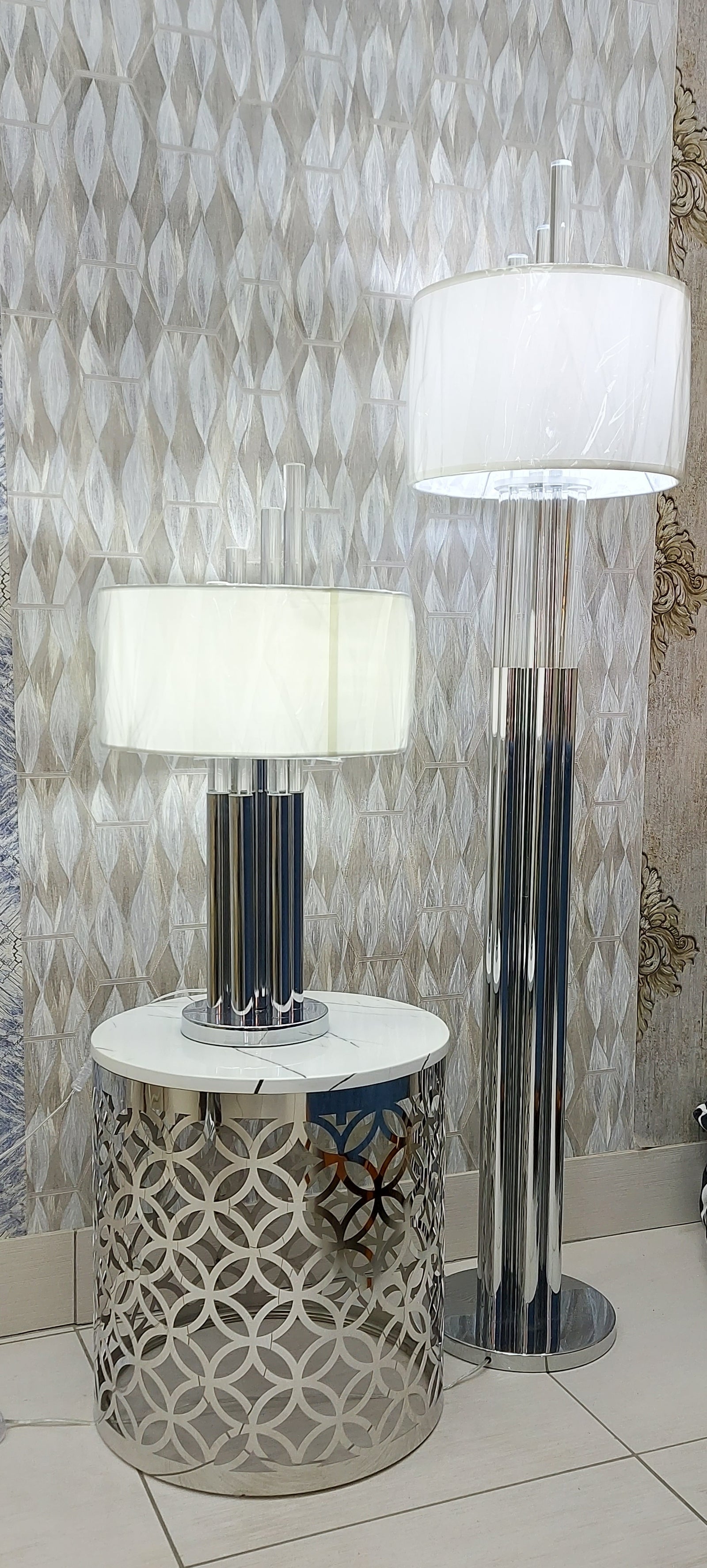 Modern Chrome Floor Lamp with White Fabric Drum Shade