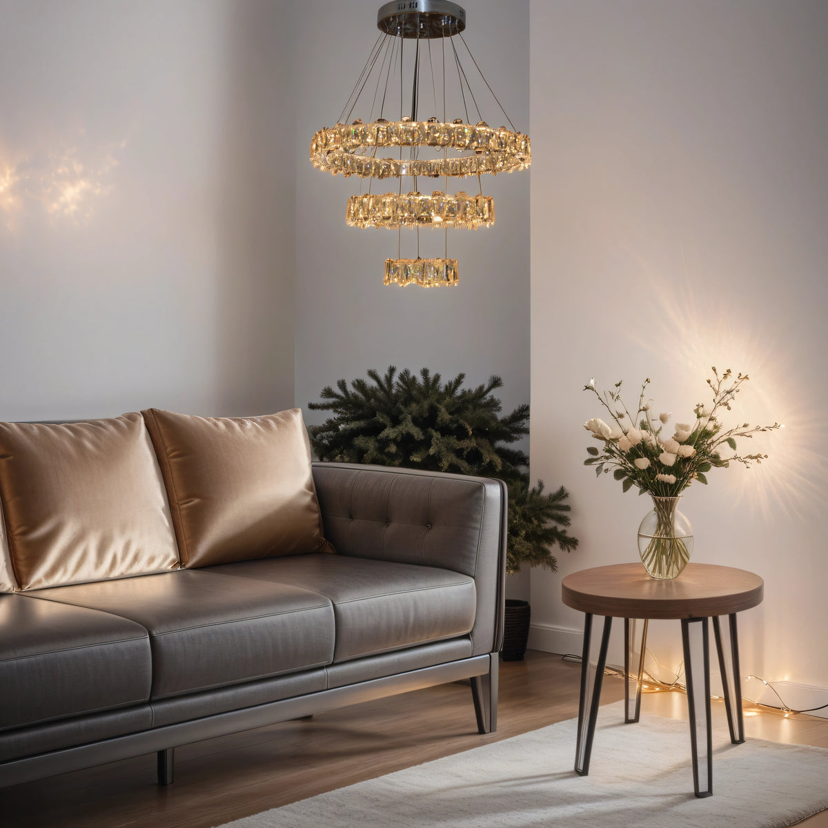 Round 3 Circular Crystallic Pendant Ceiling Light-Colour Changing Dimmable with Remote Control-D9010-600+400+200-Chrome