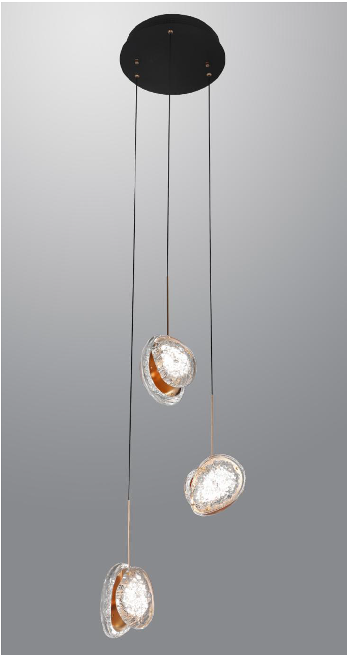 Luxury 3-Drop Crystal LED Pendant Chandelier Black & Gold Modern Ceiling Light