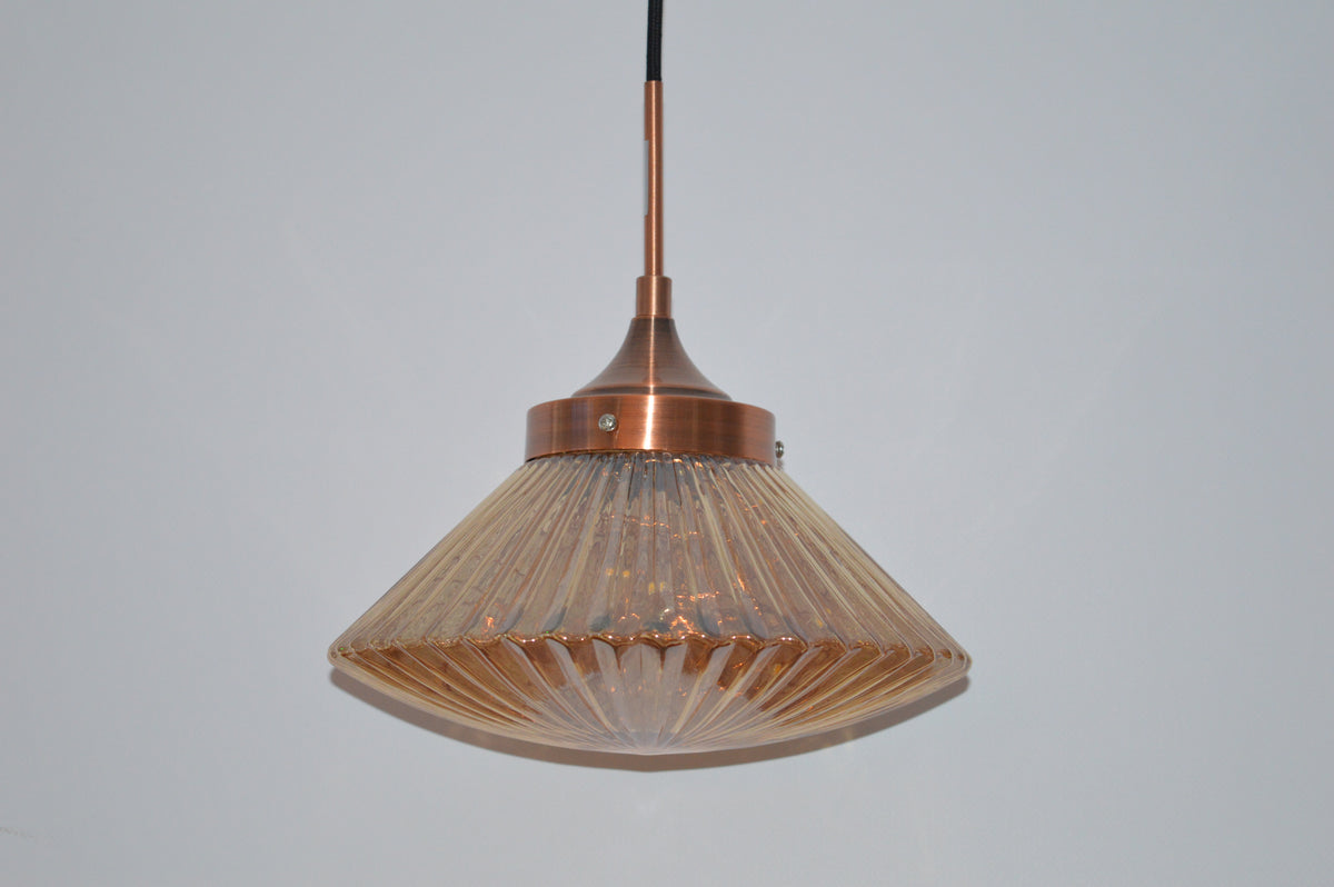 Modern Copper Glass Pendant Light – Elegant Ribbed Hanging Ceiling Lamp