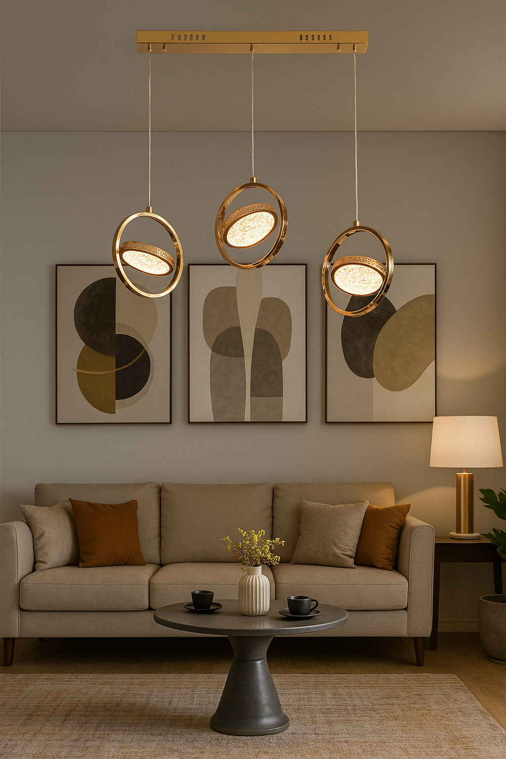 Rosegold Crystal 3Hanging Pendants Light with Rotating Ring-2010