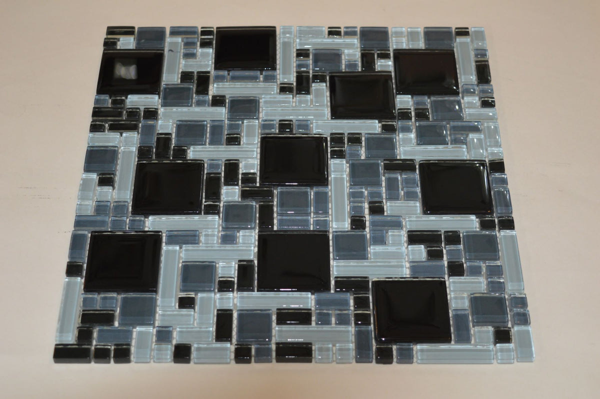 Black, Grey & Light Olive Green Geometric Glass Mosaic Tile-300*300*8mm-11sheets-1m2-Code: 8WYG-06_1