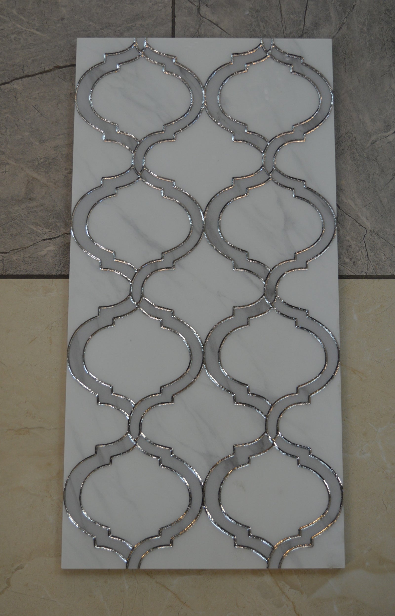 Porcleain Decor Tiles in large Greyscale with silver trim | 1 sheet 60 x 30 cm | 6 tiles 1 sqm-D-RTX-1