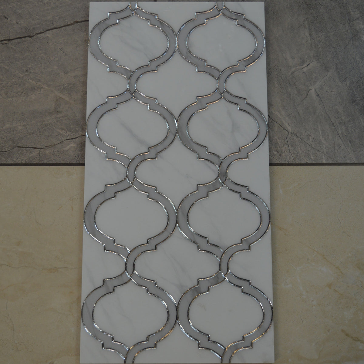 Porcleain Decor Tiles in large Greyscale with silver trim | 1 sheet 60 x 30 cm | 6 tiles 1 sqm-D-RTX-1