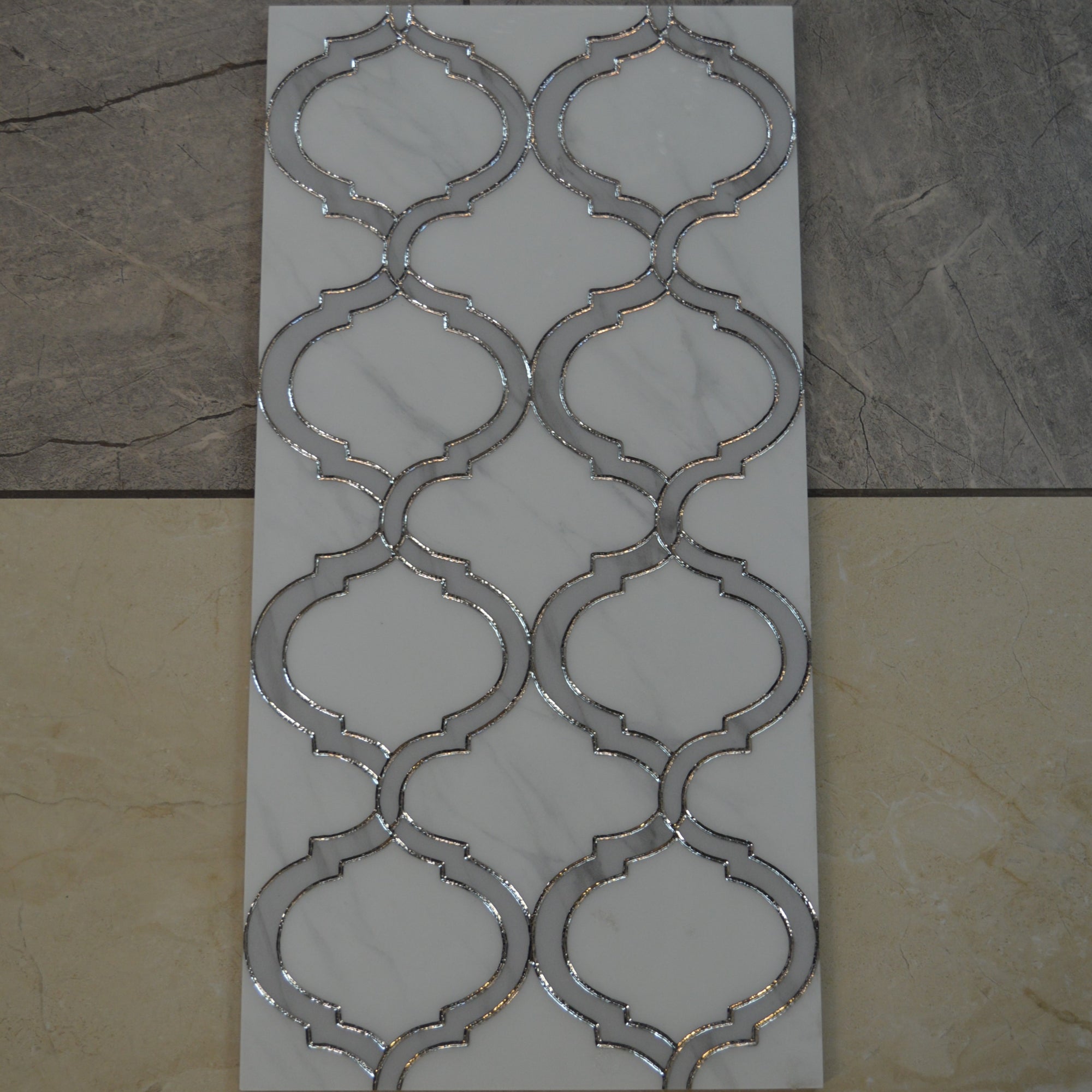 Porcleain Decor Tiles in large Greyscale with silver trim | 1 sheet 60 x 30 cm | 6 tiles 1 sqm