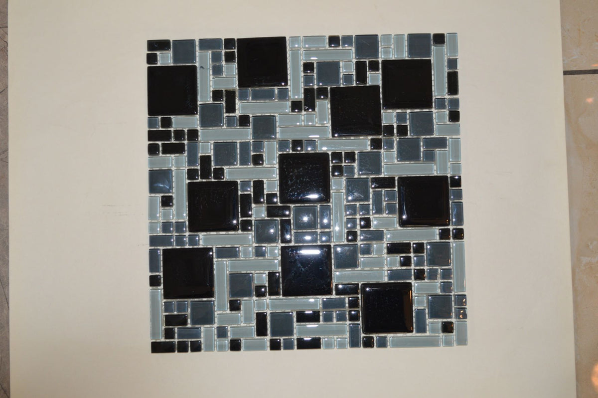 Black, Grey & Light Olive Green Geometric Glass Mosaic Tile-300*300*8mm-11sheets-1m2-Code: 8WYG-06_1