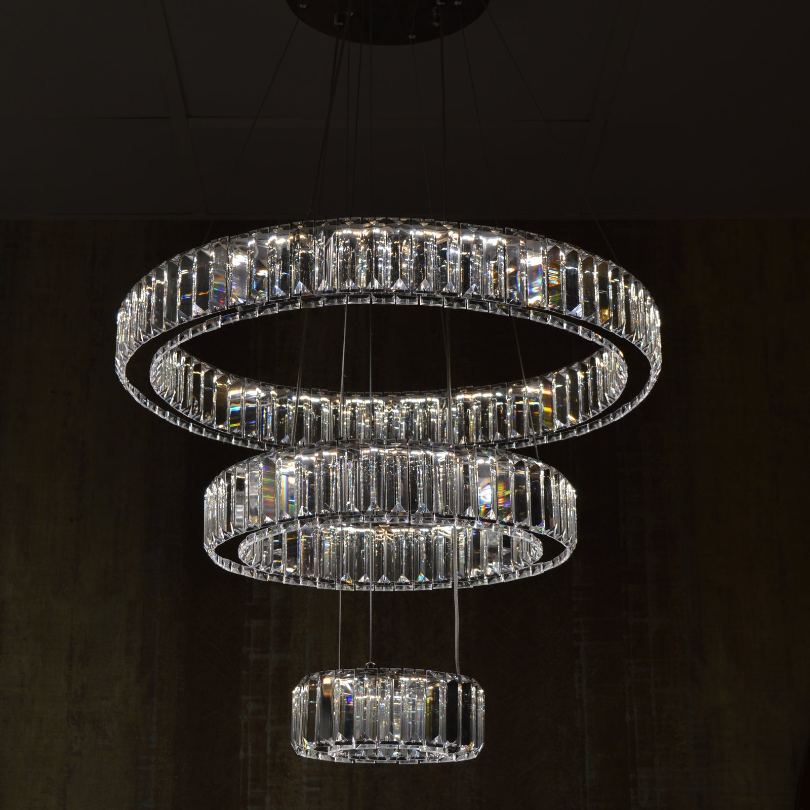 Luxury Triple-Tier Crystal LED Linear Chandelier – Modern Chrome Ceiling Light