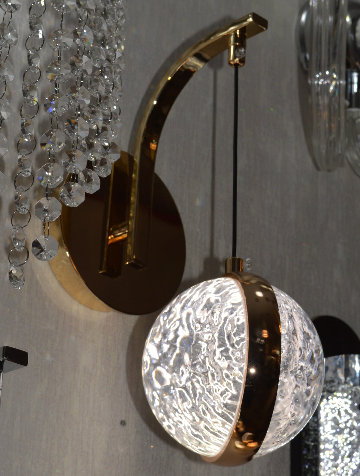 Wall Lights with Hanging Glass LED Shade – available in Gold & Chrome-2317