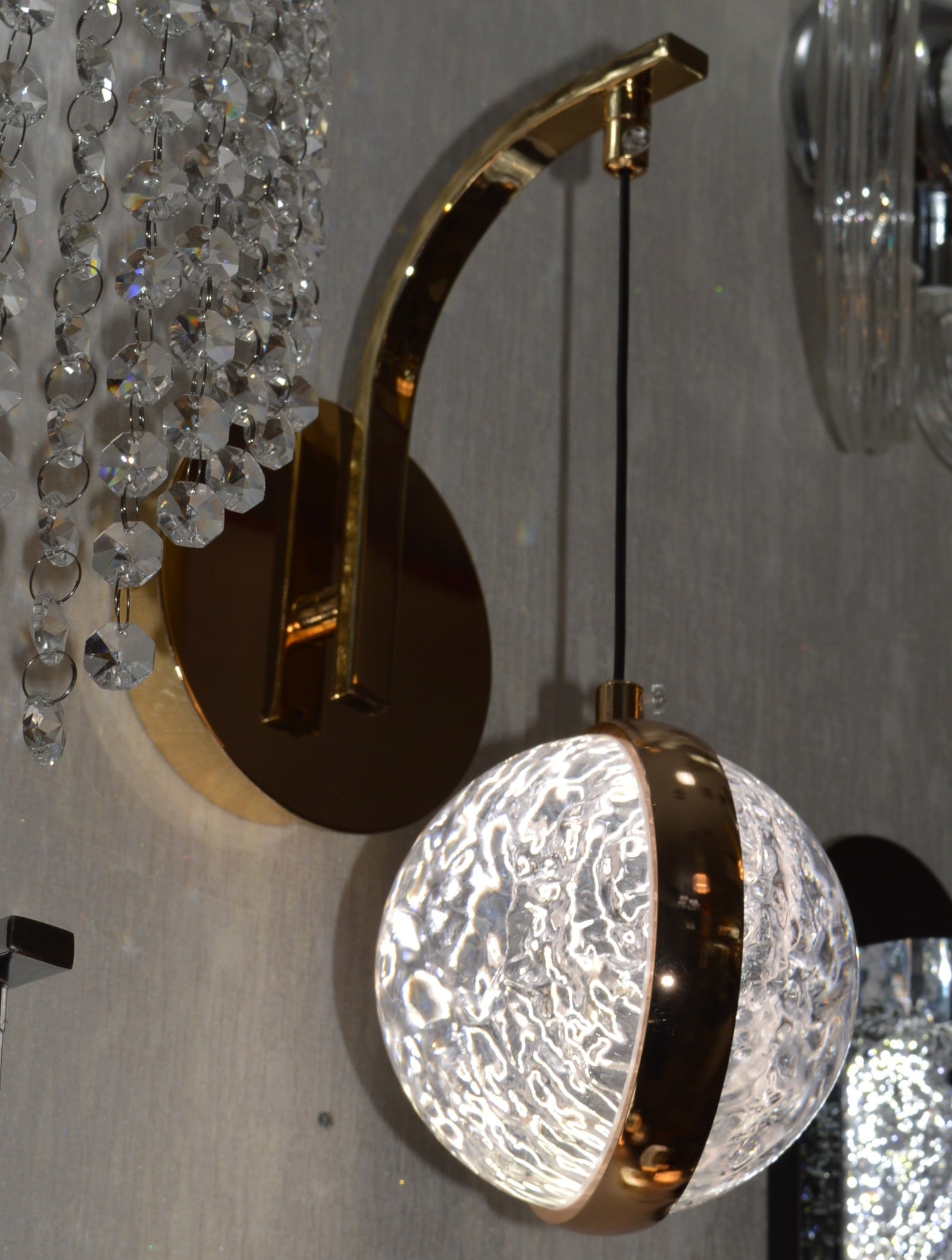 Wall Lights with Hanging Glass LED Shade – available in Gold & Chrome-2317
