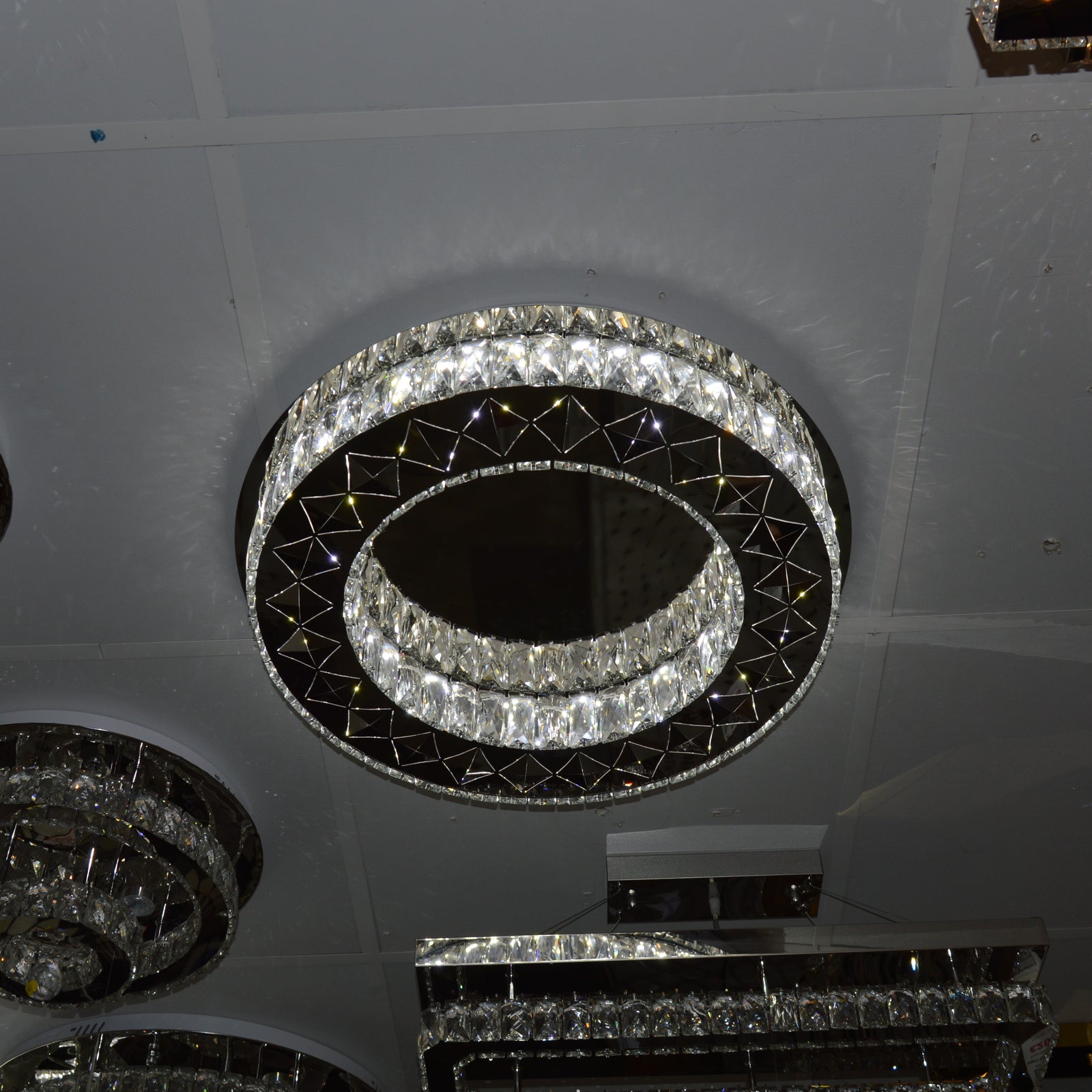 Round mirrored frame crystallic colour changing LED ceiling light [5051-450 & 5051-600]