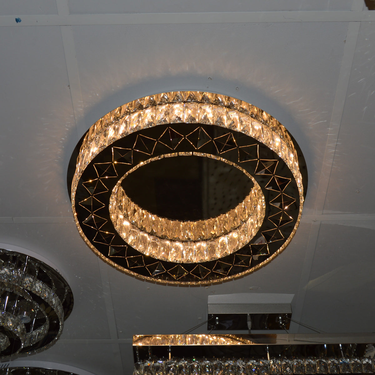 Luxury Double Ring Crystal LED Ceiling Light – 03 Colour Changing Feature