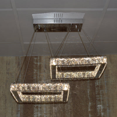 2 Square Crystallic LED Pendant Ceiling Lights -Colour Changing Dimmable with Remote Control-B9034-2-Chrome-85*45*13cm-32W