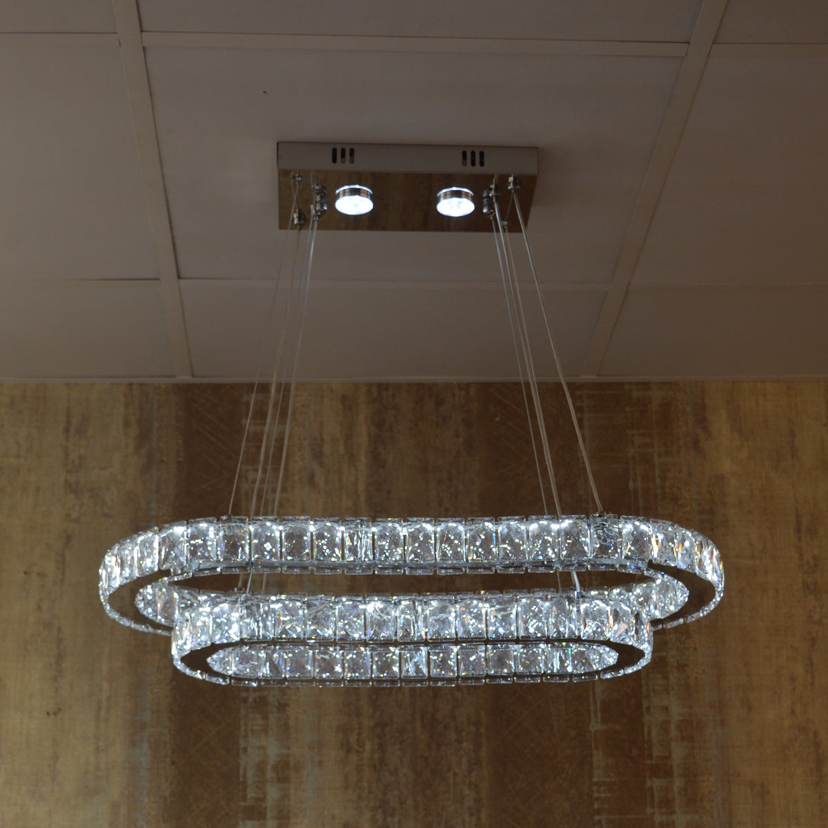 Oval LED 2 Crystal Pendant Ceiling Light-Colour Changing Dimmable with Remote Control-9011-700*500-77*39*15cm-Chrome